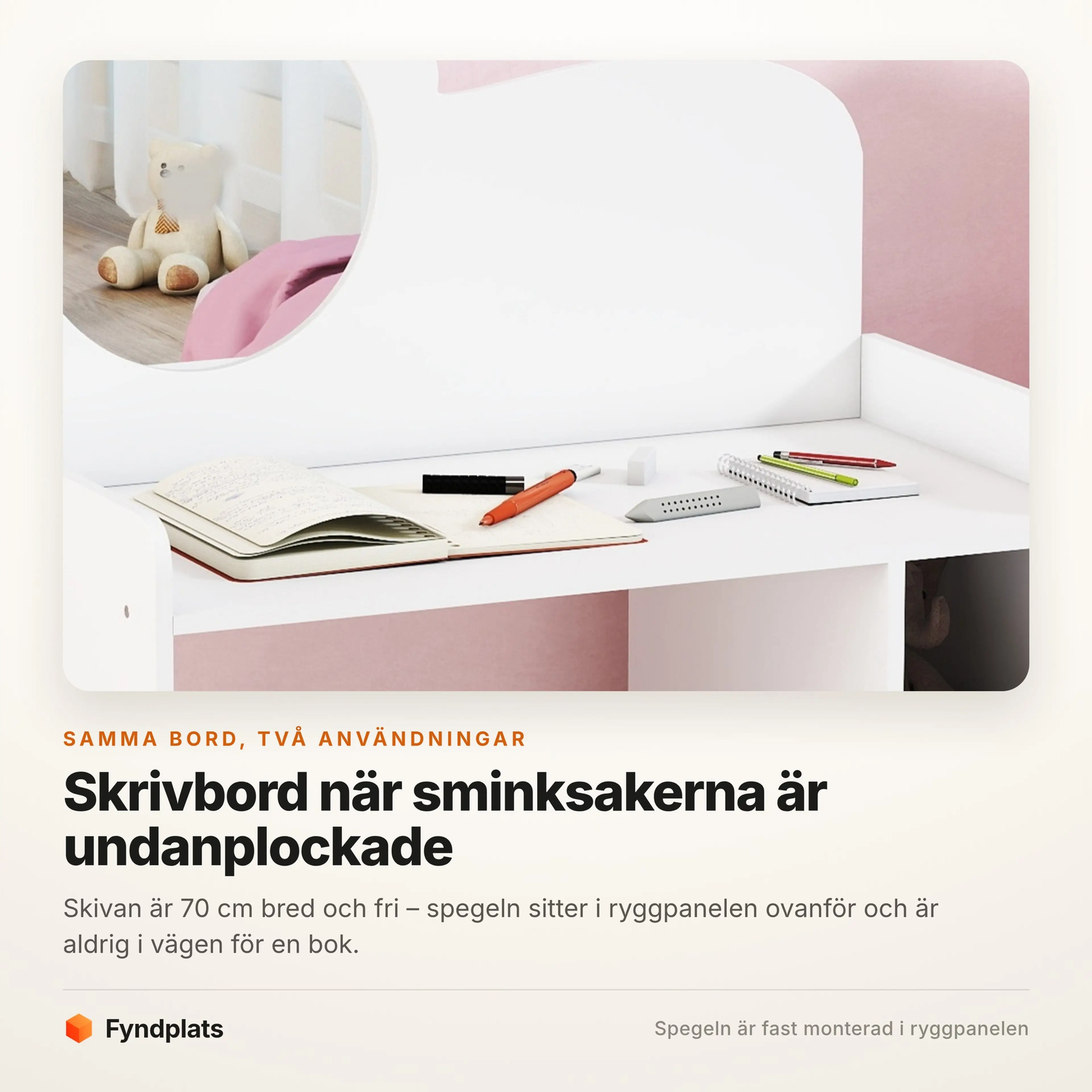 Sminkbordets fria skiva används som skrivbord med öppen bok och pennor