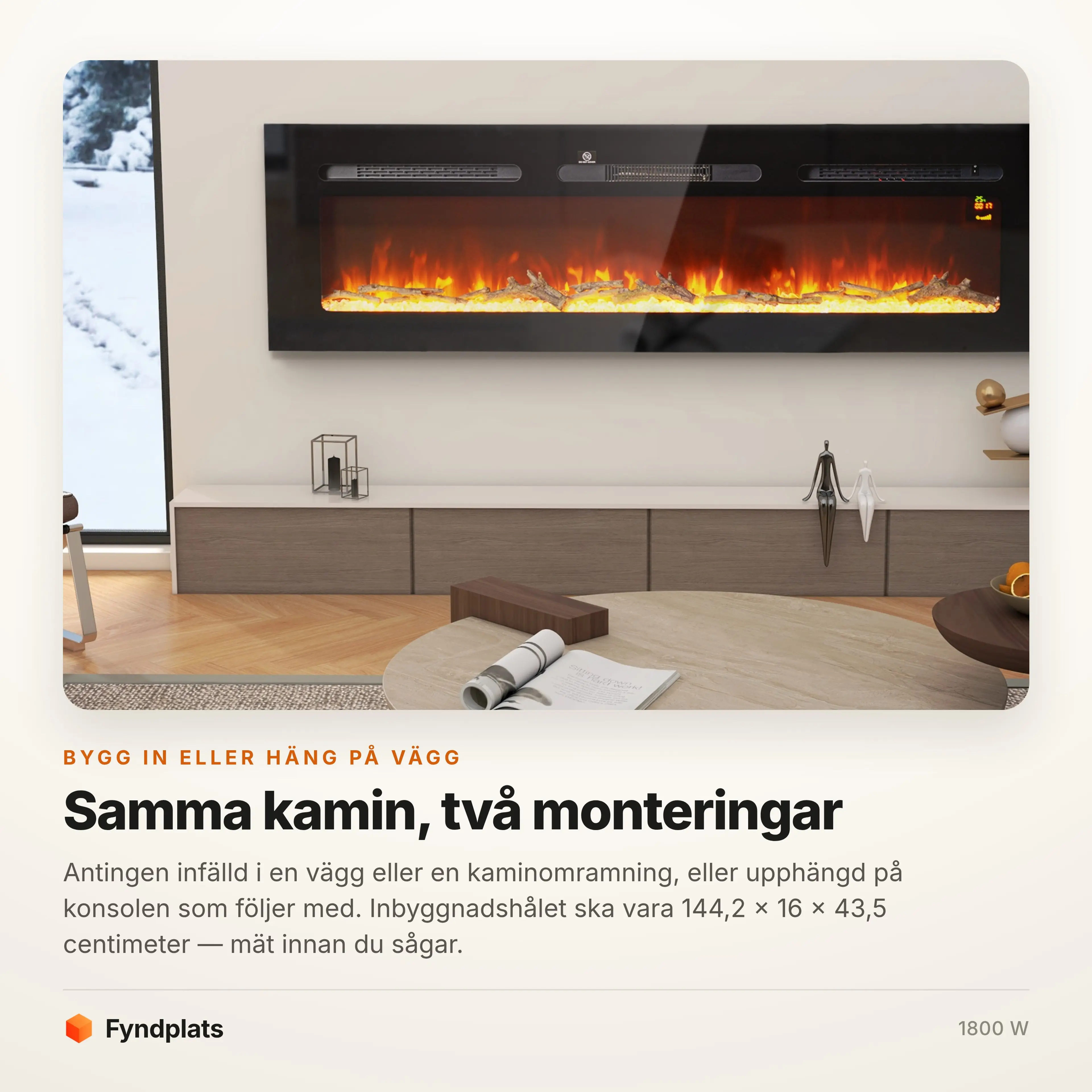 Kaminen infälld i väggen ovanför en skänk