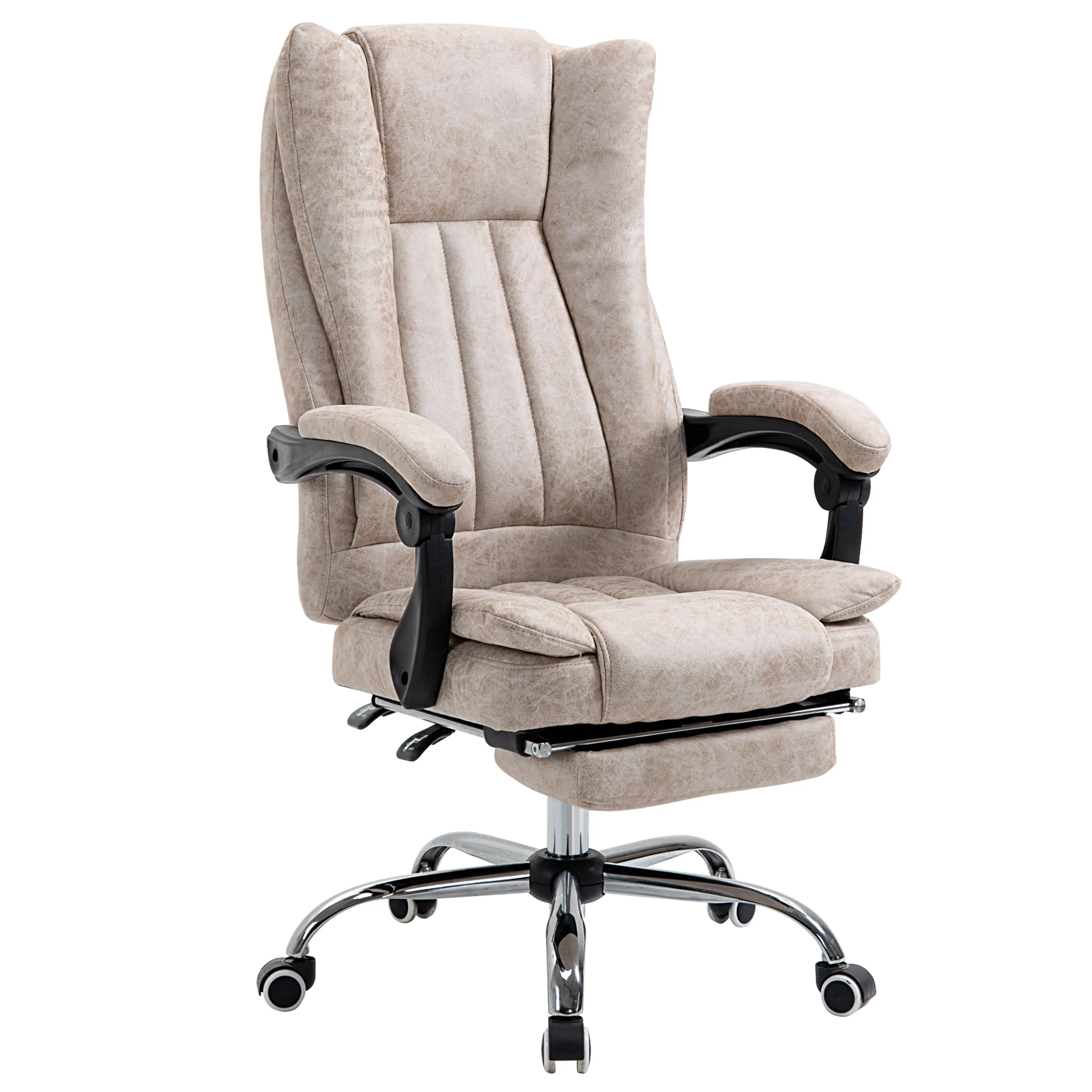 Beige kontorsstol i mikrofiber med hög rygg och utdraget fotstöd