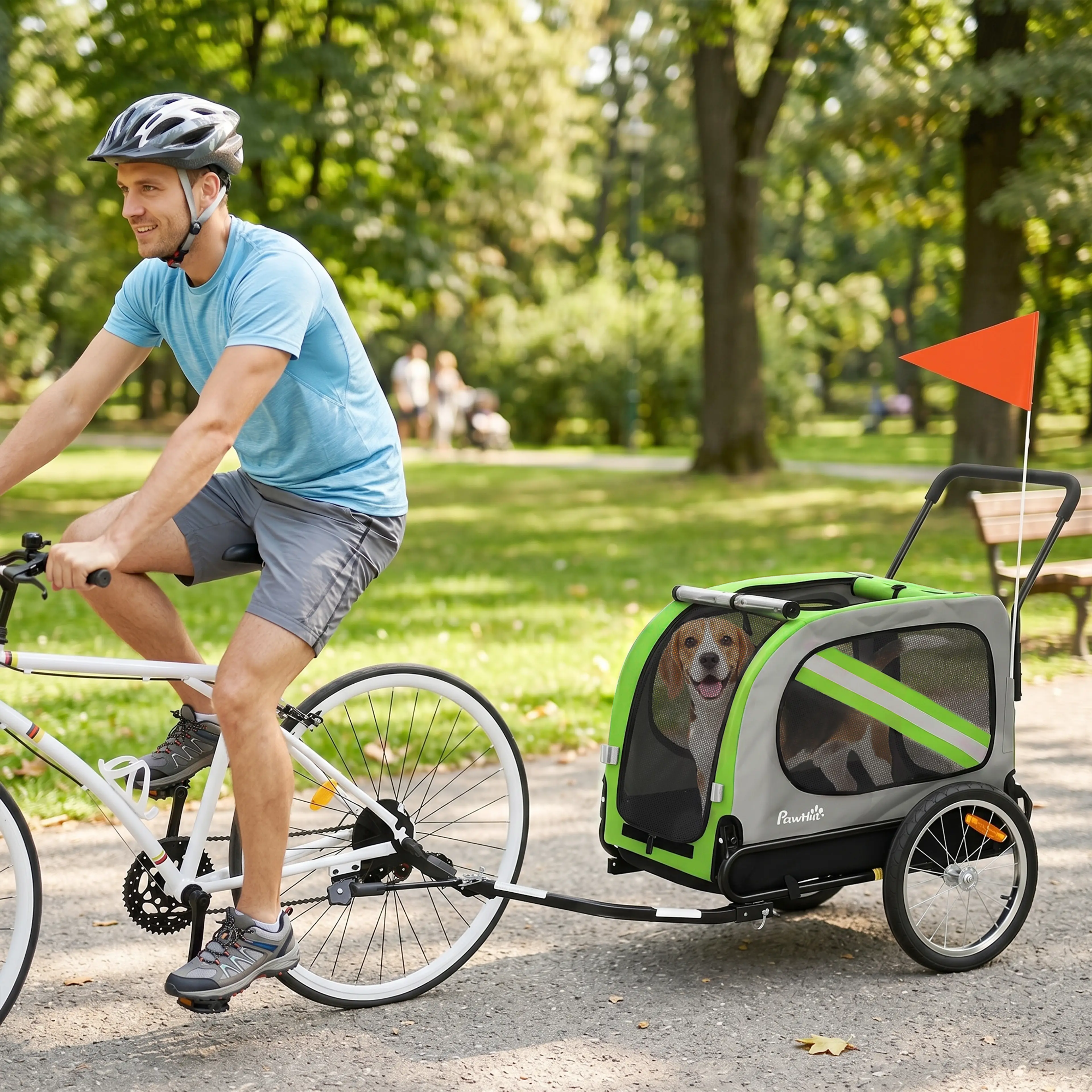 Cyklist drar vagnen på en parkväg med en beagle inuti