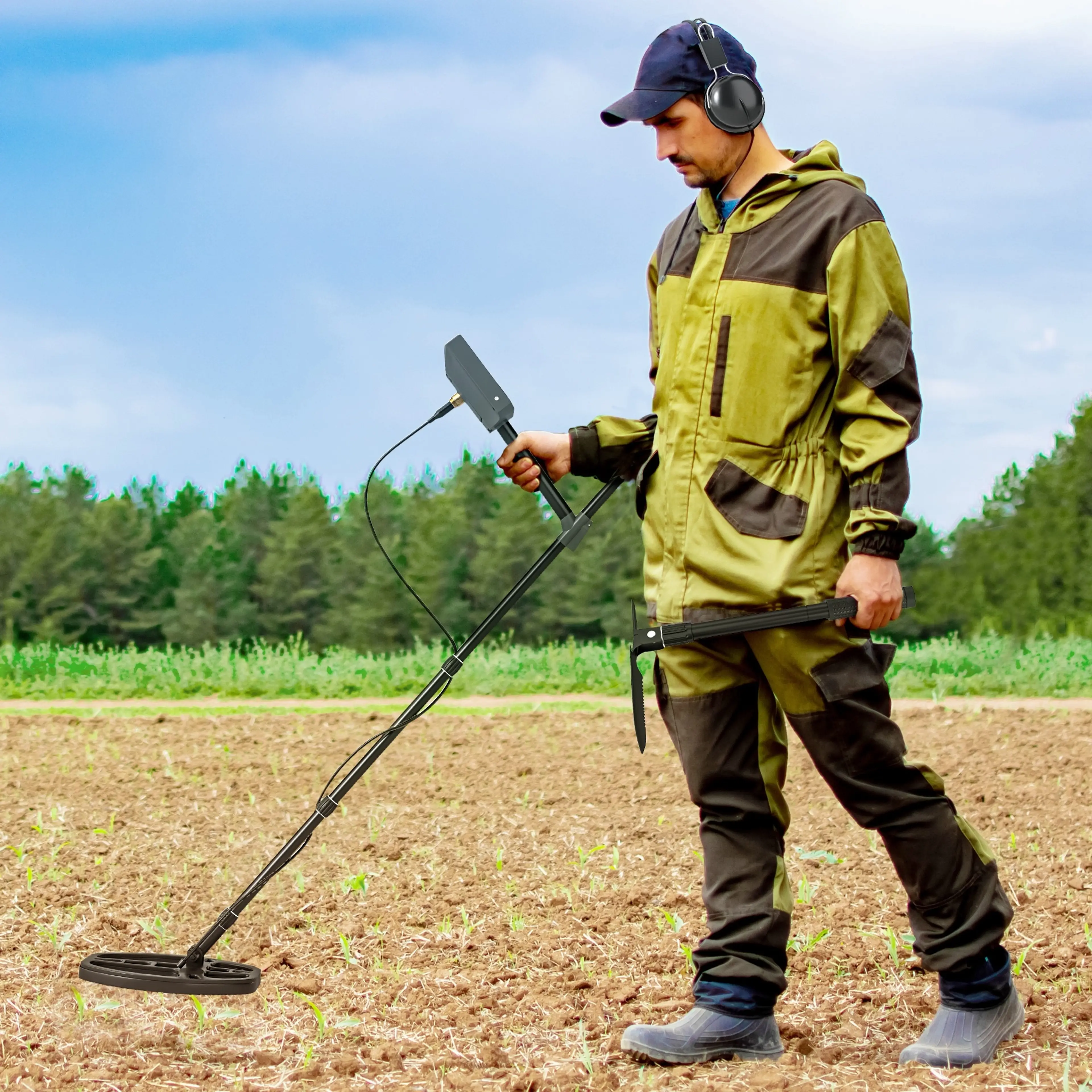 Man med hörlurar som söker med metalldetektorn på en åker och håller en spade i andra handen