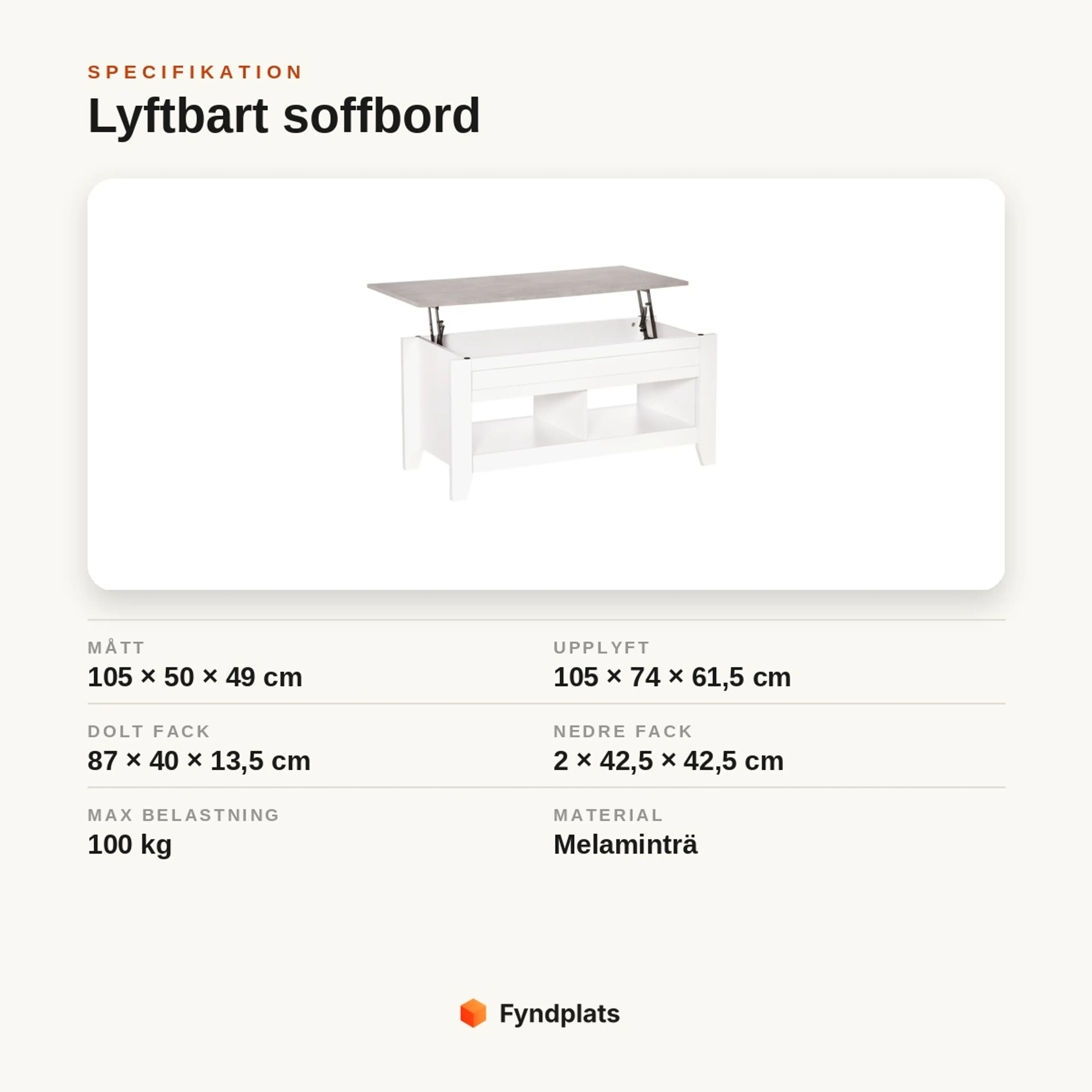 Specifikationskort: lyftbart soffbord 105 × 50 × 49 cm i melaminträ, dolt fack och 2 nedre fack, max 100 kg