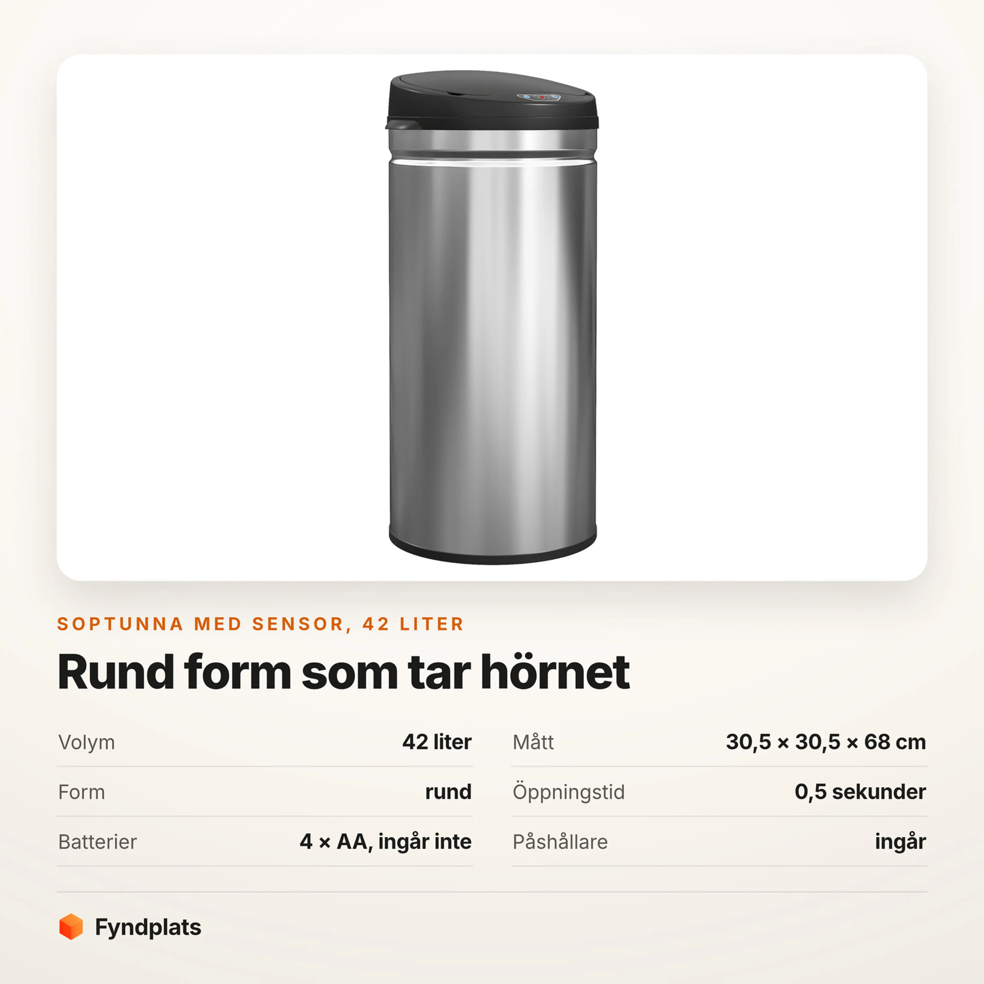 Faktakort: rund soptunna med sensor 42 liter, mått, form och batterier