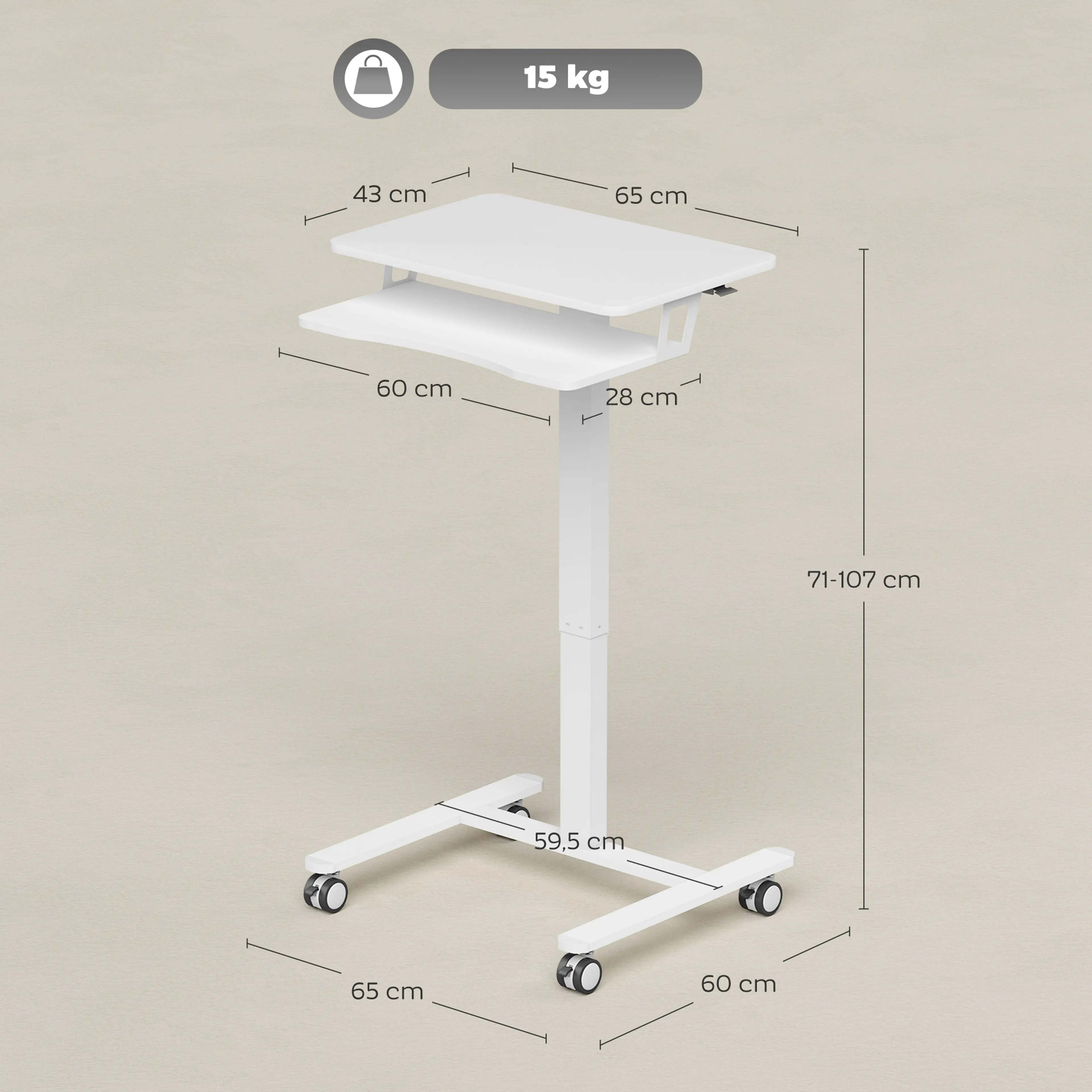 Måttskiss: höjd 71–107 cm, skiva 65 × 43 cm, tangentbordshylla 60 × 28 cm och maxlast 15 kg