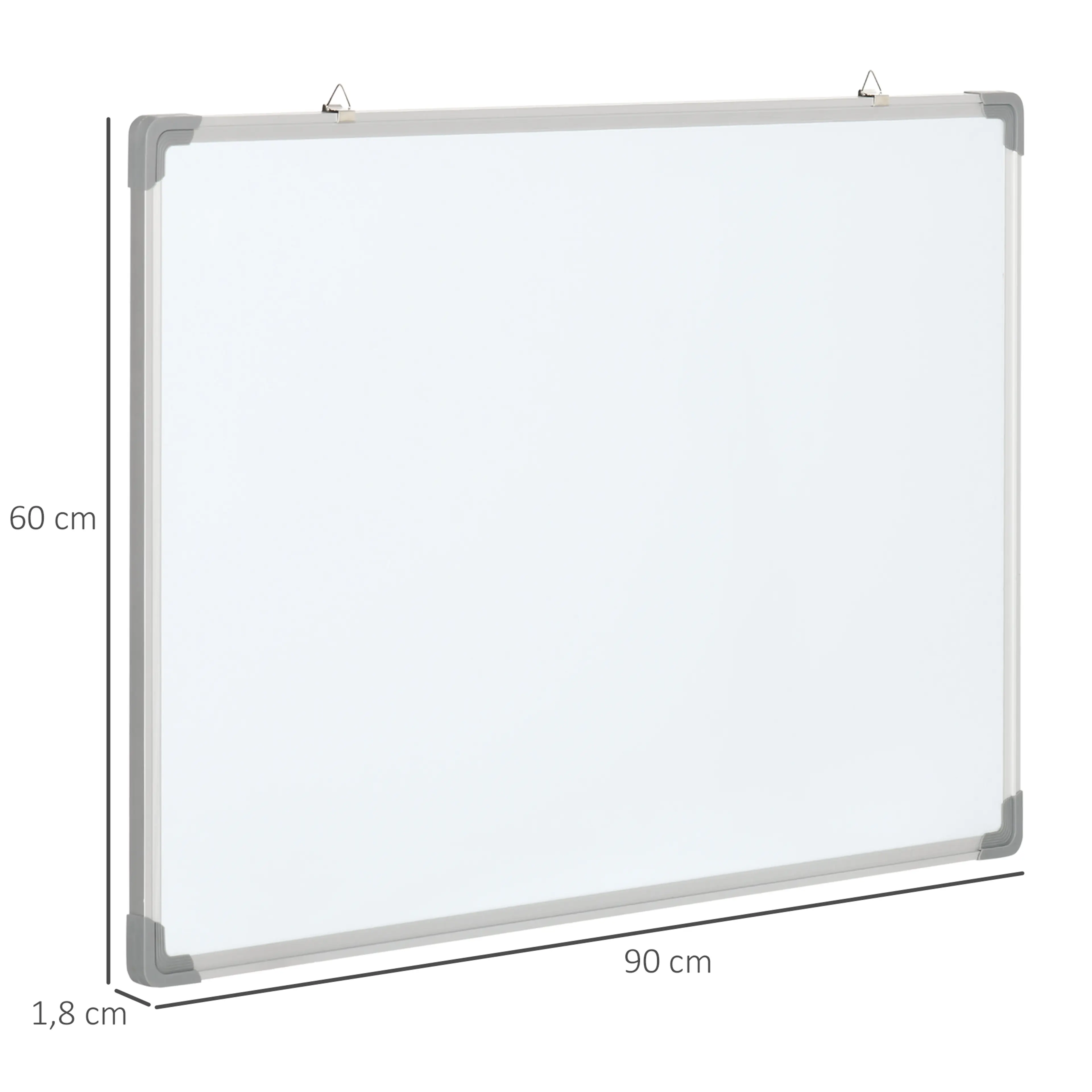 Måttbild över whiteboardtavlan: 90 cm bred, 60 cm hög och 1,8 cm tjock