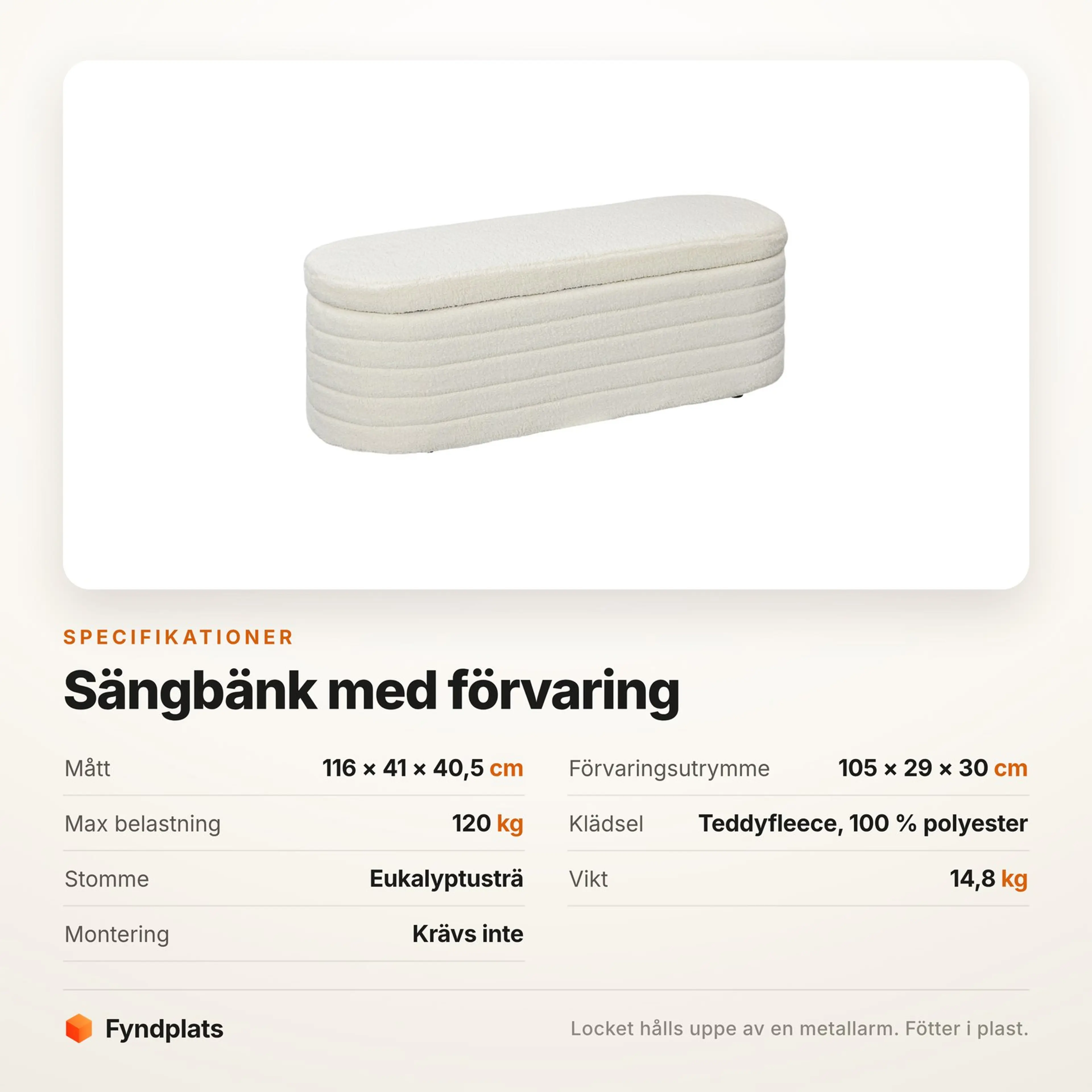 Fyndplats specifikationskort med sängbänkens mått, förvaringsfack och maxlast