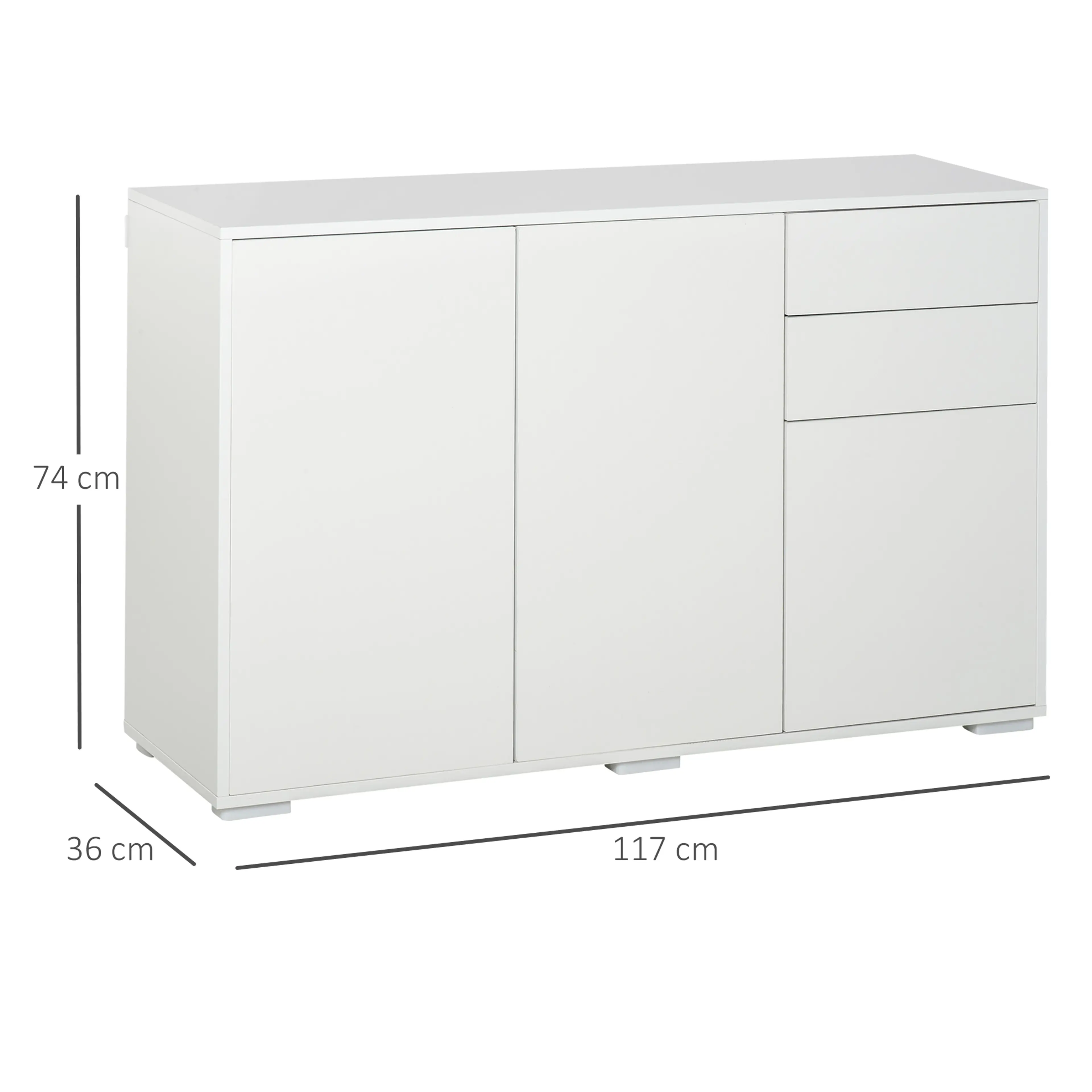 Måttbild: skänken är 117 cm bred, 36 cm djup och 74 cm hög