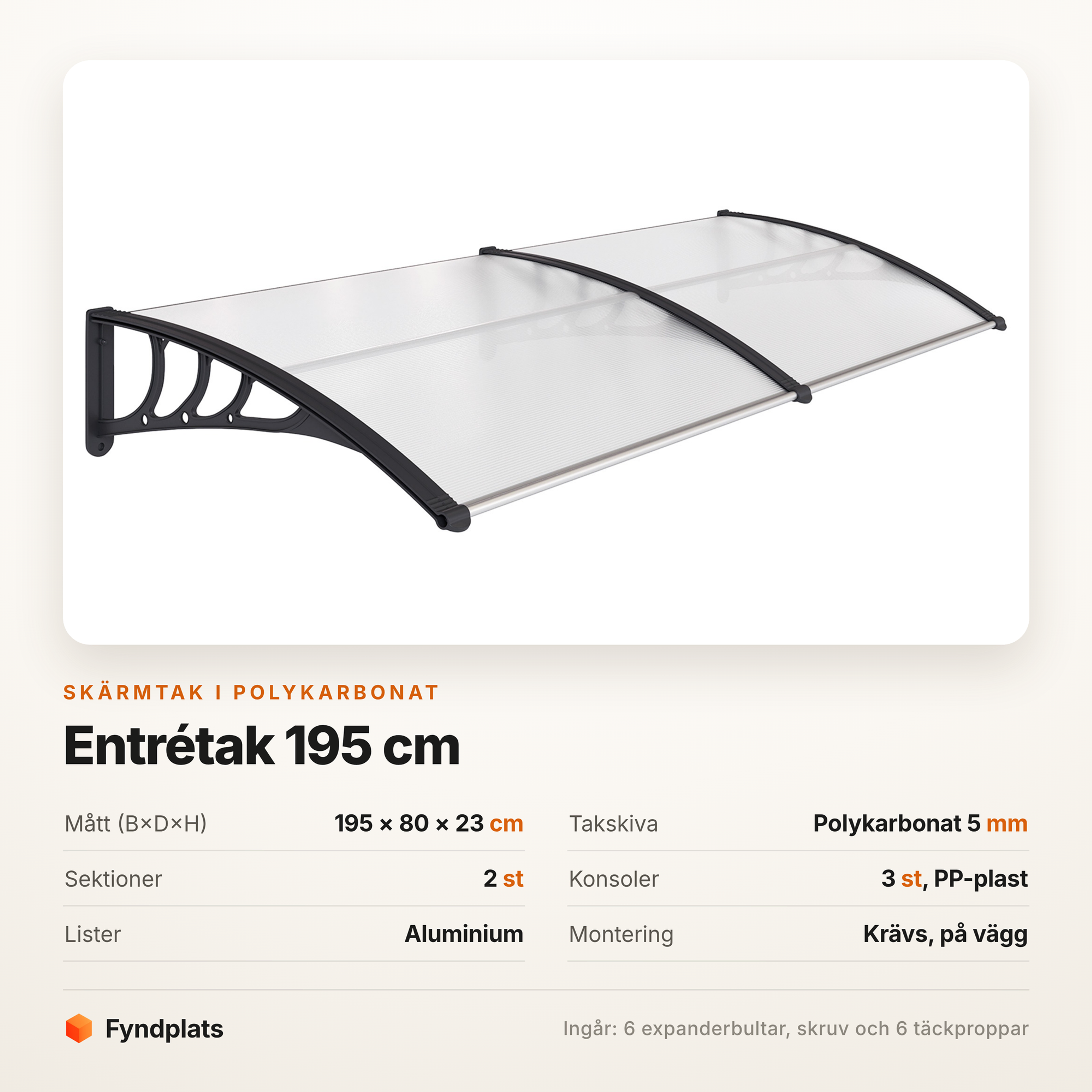 Fyndplats spec-kort för entrétak 195 cm: 195 × 80 × 23 cm, takskiva i 5 mm polykarbonat, två sektioner, tre konsoler i PP-plast och aluminiumlister.