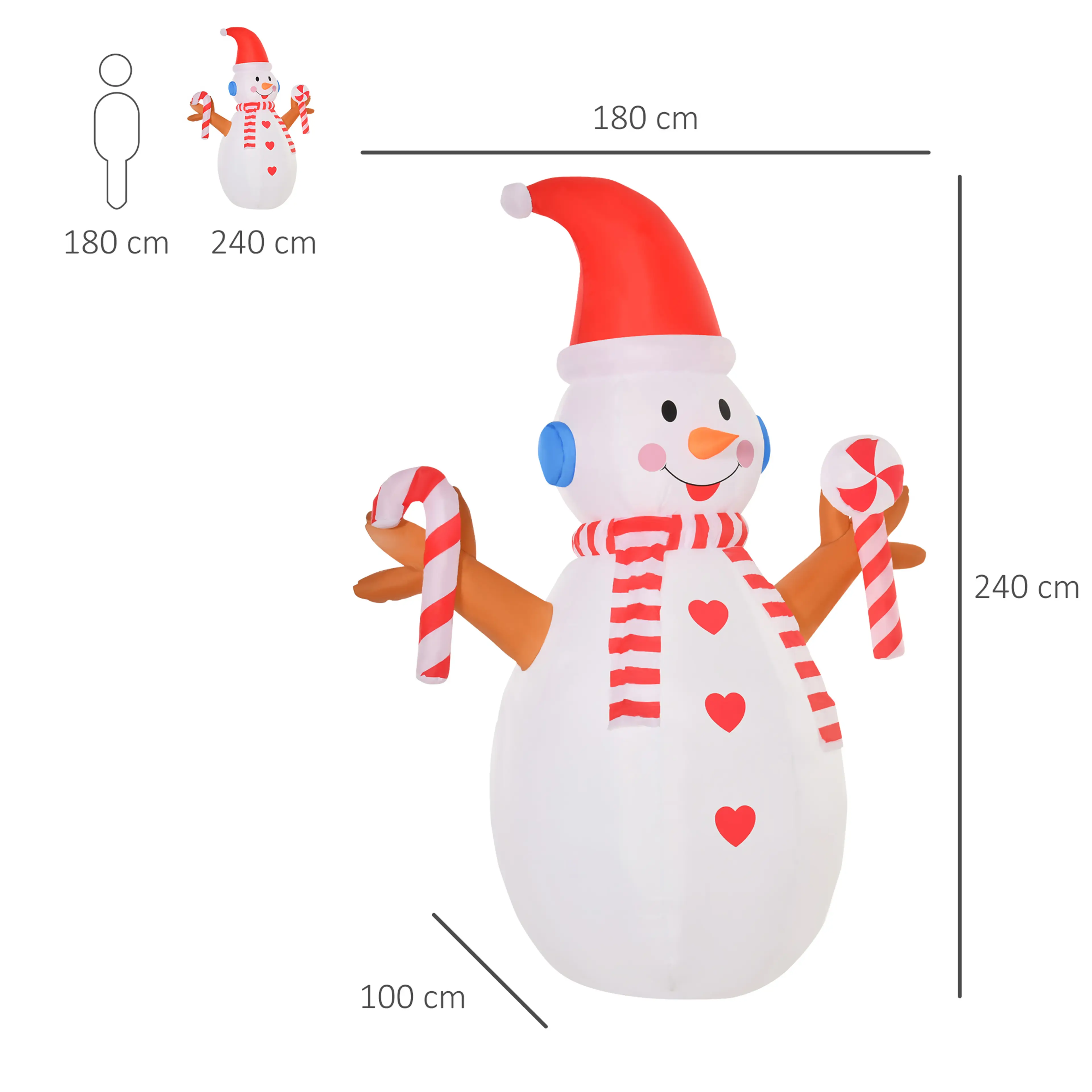 Måttbild: snögubben är 180 × 100 × 240 cm