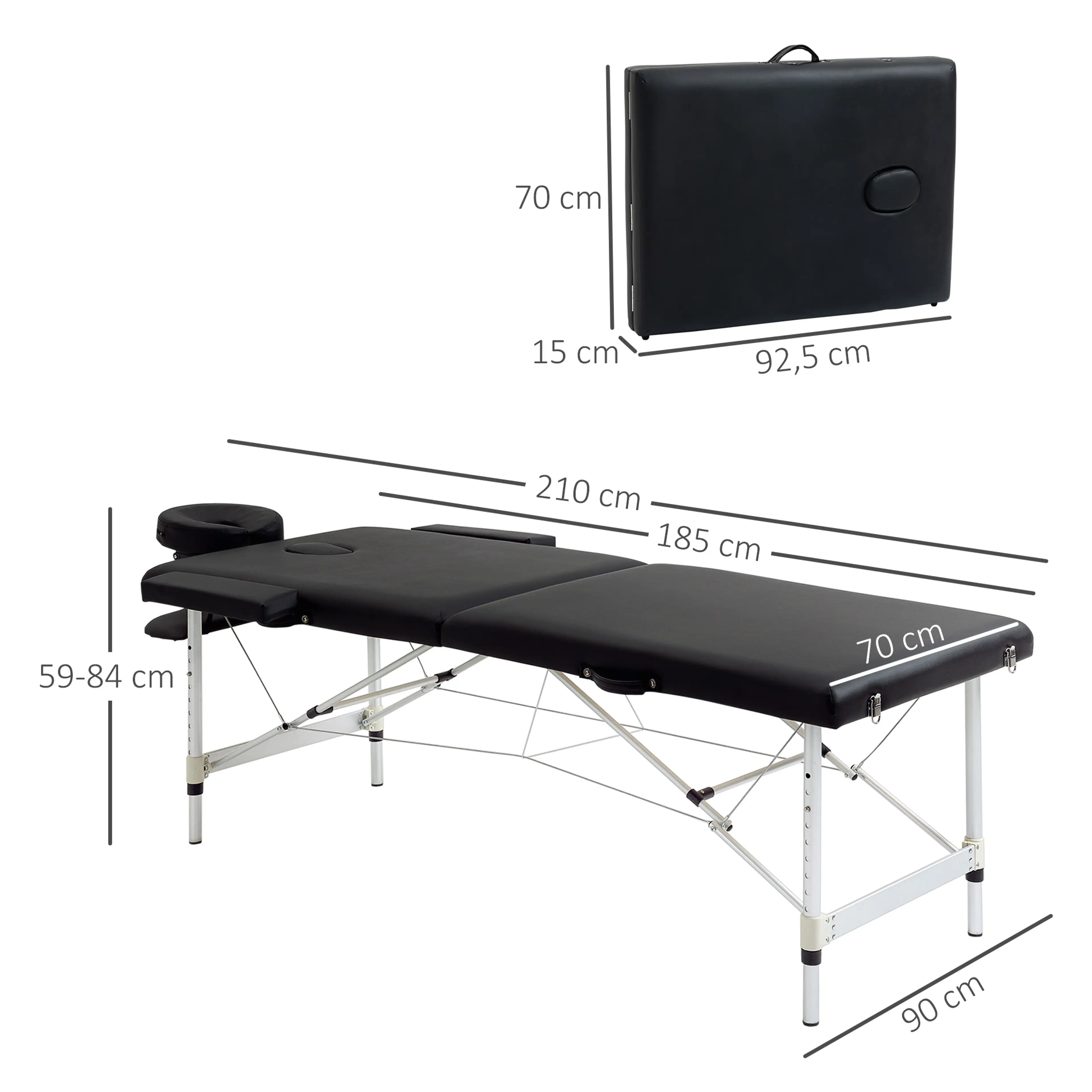 Måttbild: bänken är 210 cm lång och 90 cm bred, 59–84 cm hög och hopfälld 92,5 × 70 × 15 cm