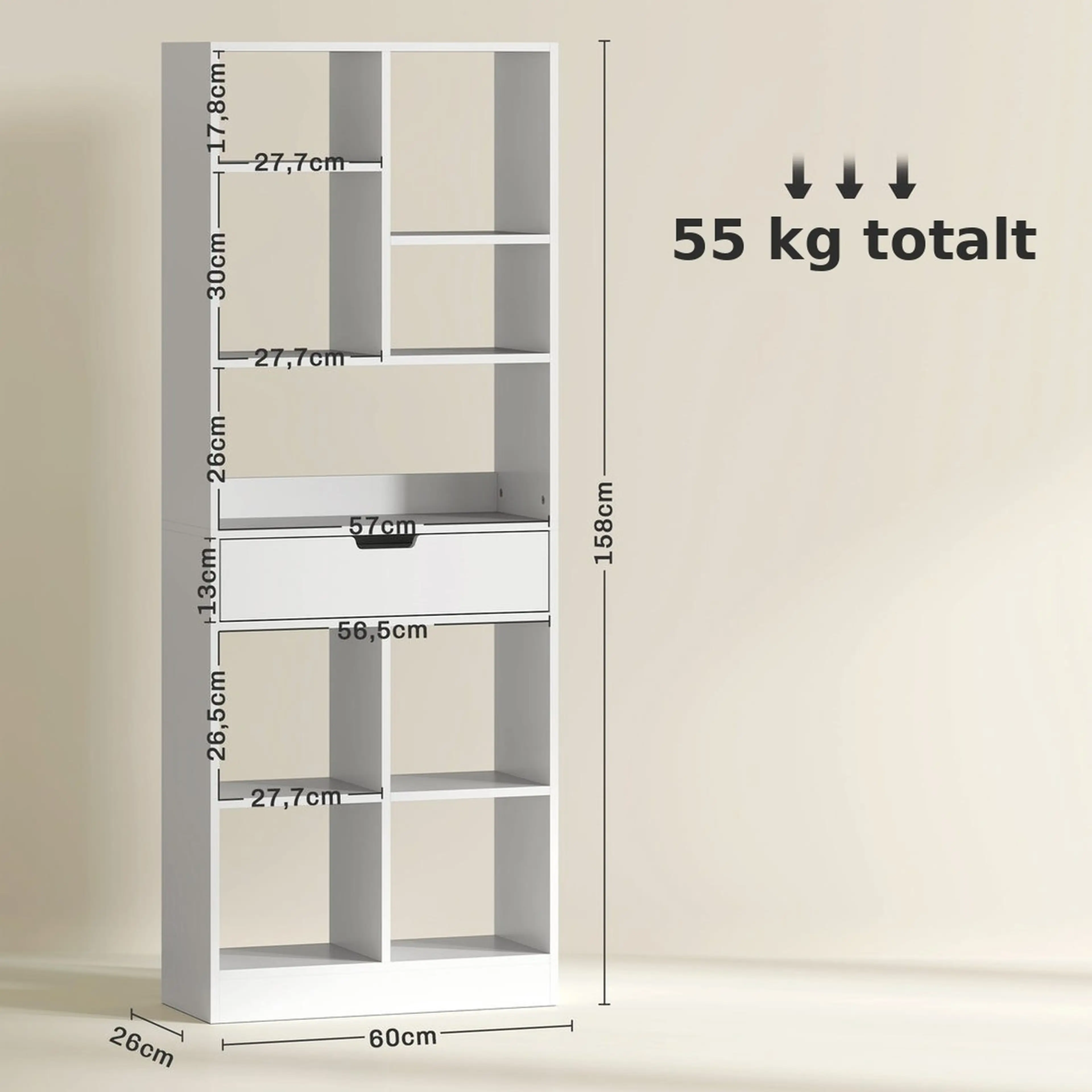 Måttritning av bokhyllan: 60 cm bred, 26 cm djup och 158 cm hög