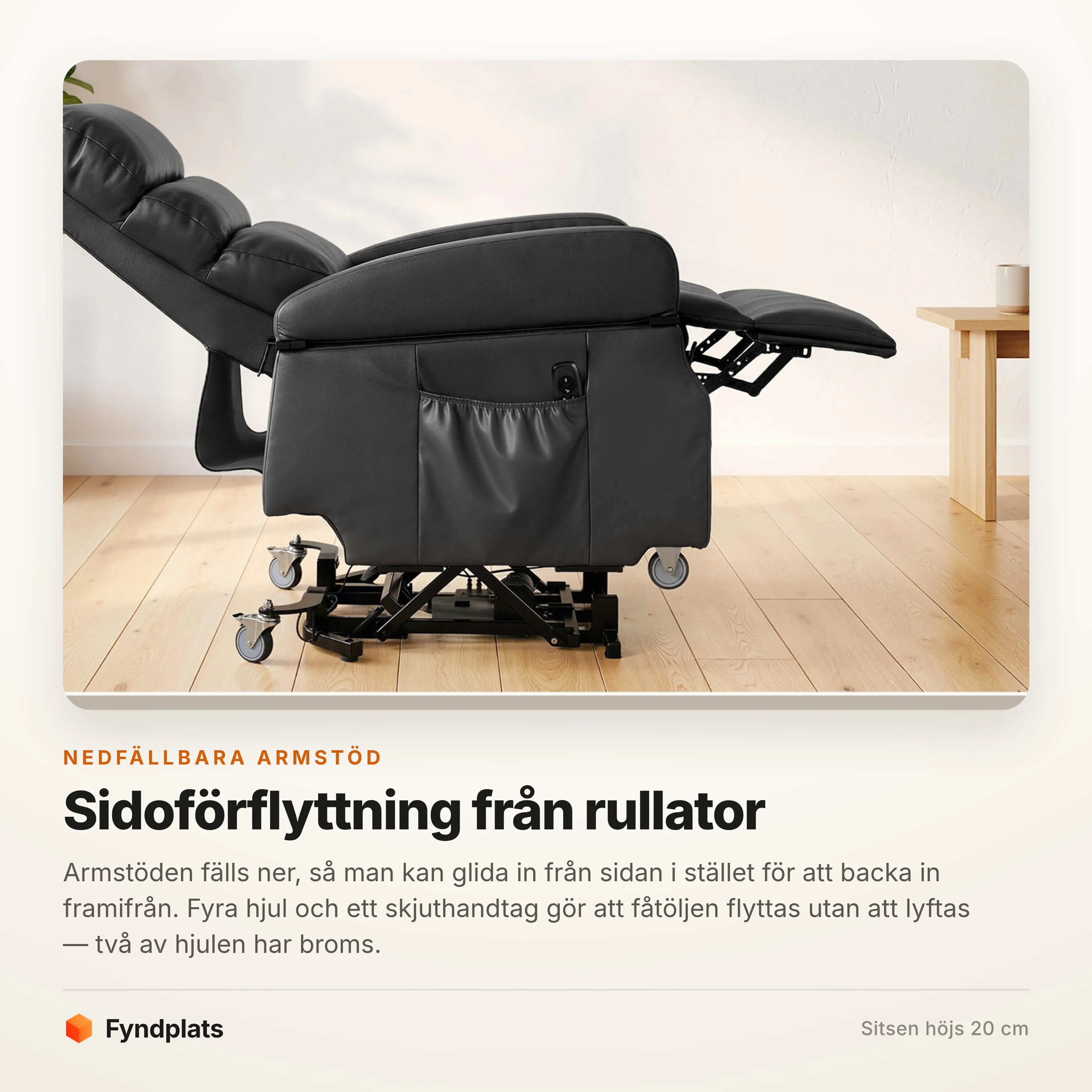 Fåtöljen tillbakalutad, med hjulen och bromsen synliga