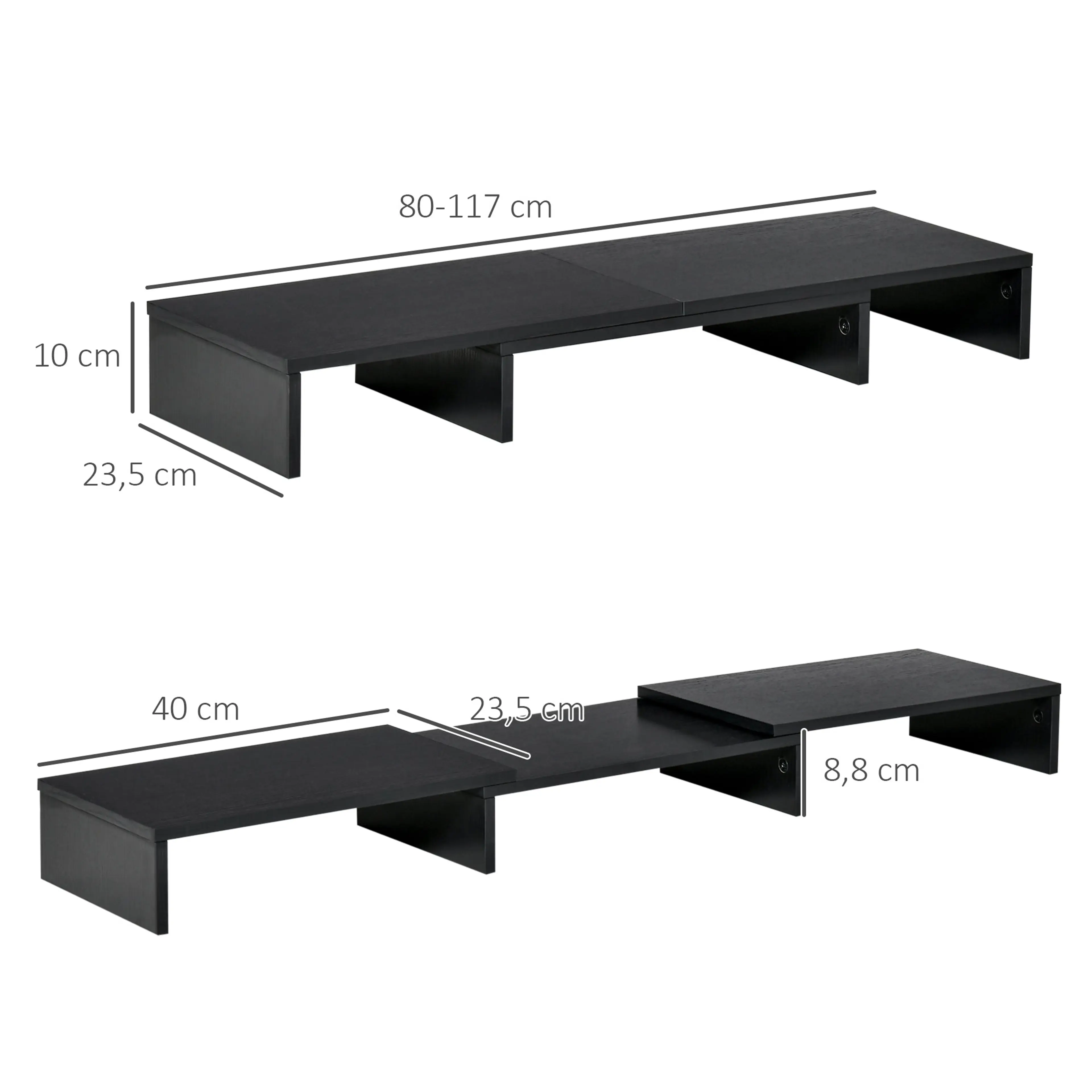 Måttskiss: längd 80–117 cm, djup 23,5 cm och höjd 10 cm