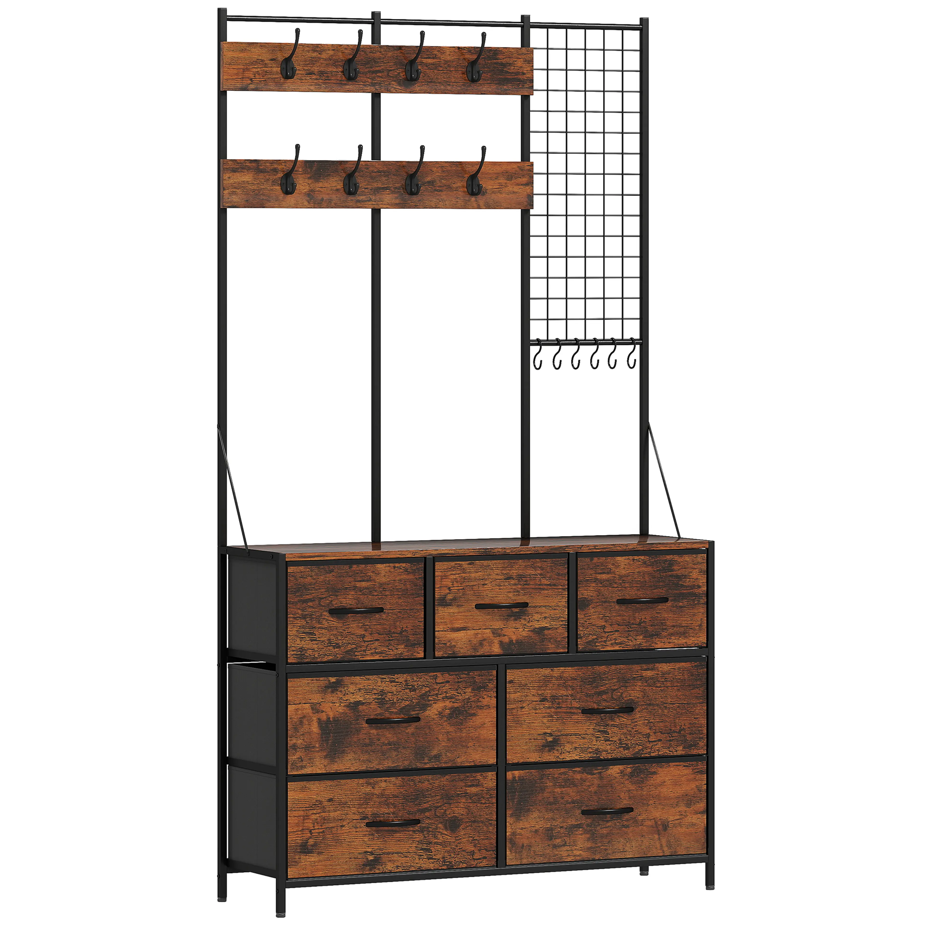 Hallmöbel med krokrader, gallerpanel och tygkommod med sju lådor