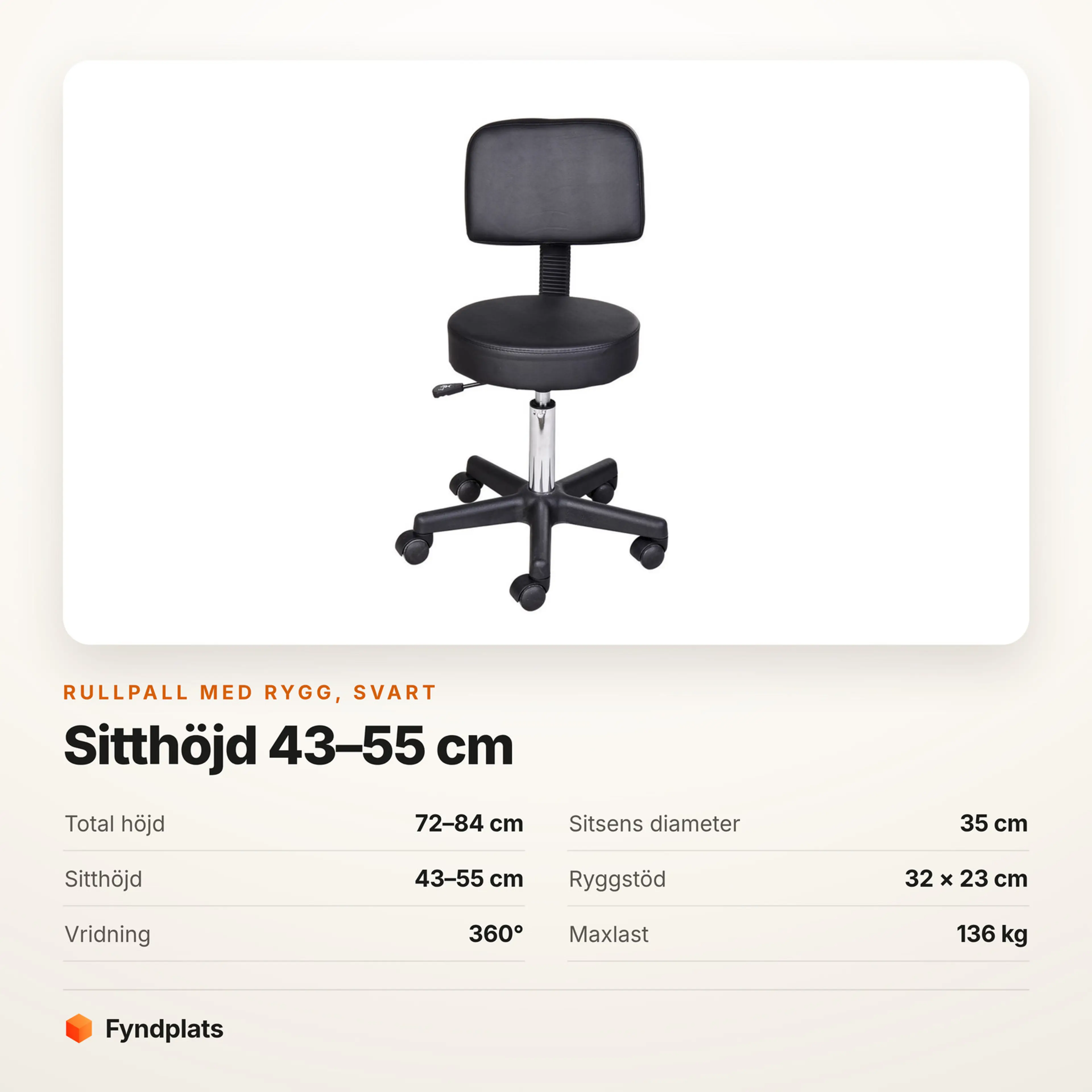 Faktakort från Fyndplats: svart rullpall med rygg, mått och maxlast