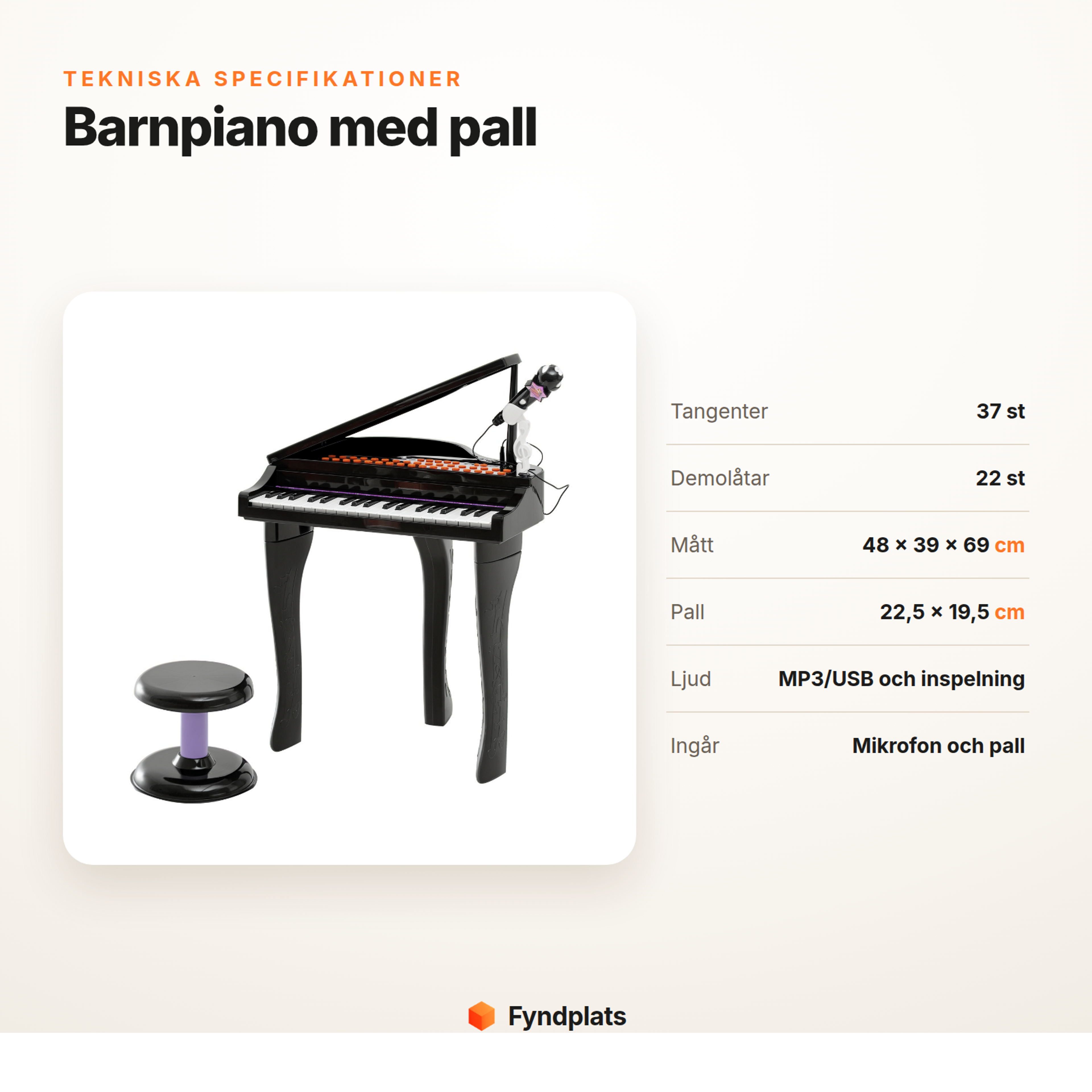 Fyndplats specifikationskort för barnpiano med tangentantal, mått och ljudfunktioner