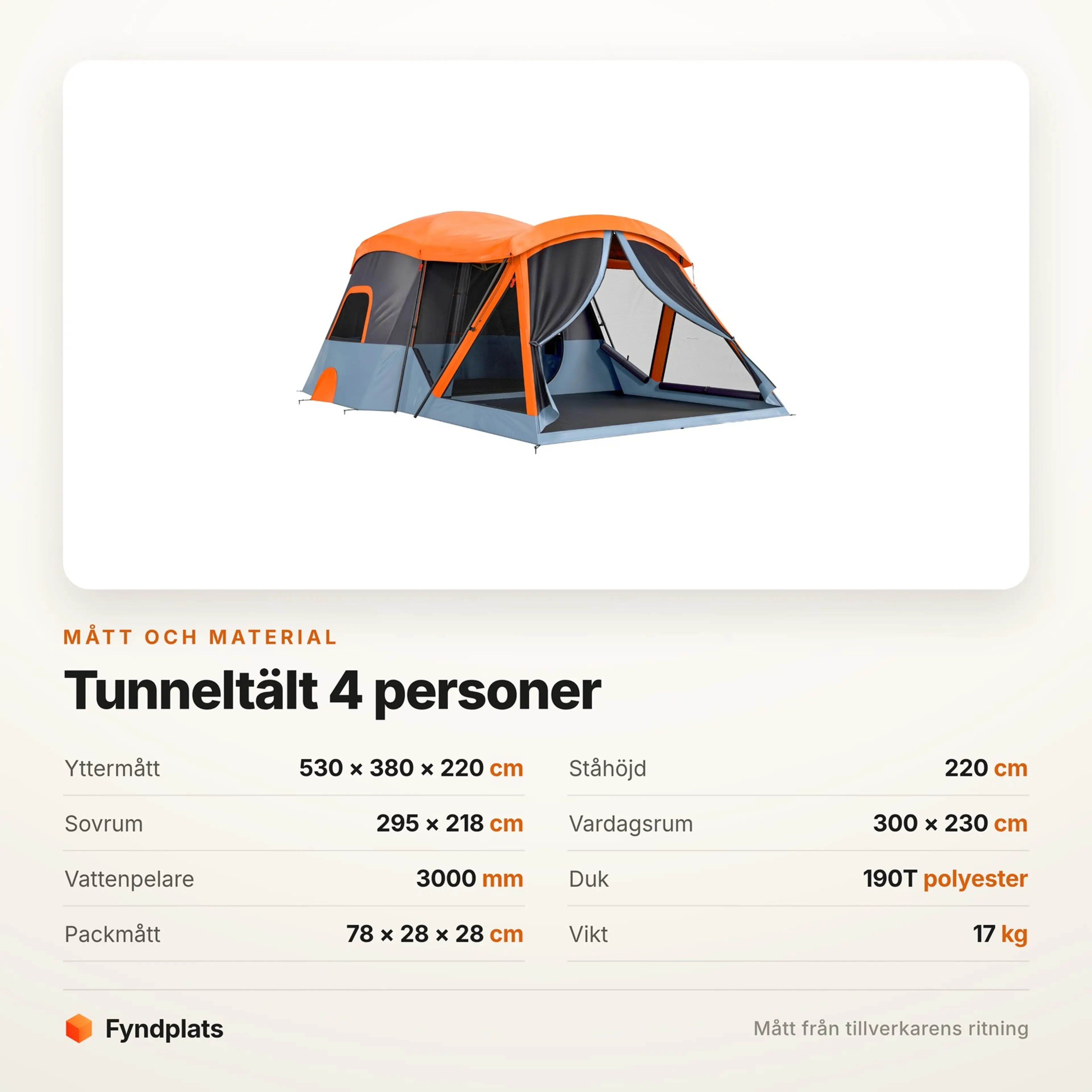 Specifikationskort för tunneltältet: 530 × 380 × 220 cm, sovrum 295 × 218 cm och 3000 mm vattenpelare