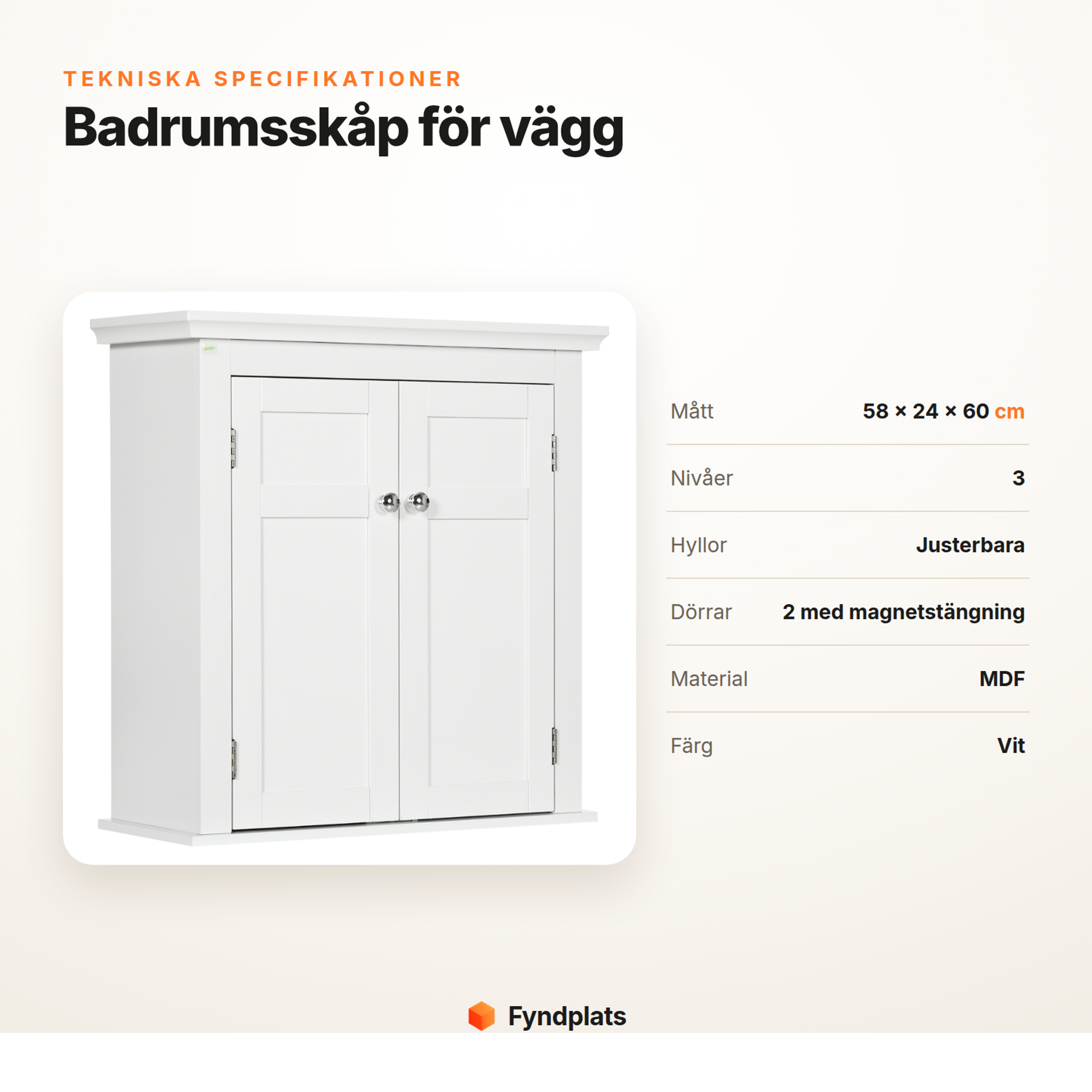 Specifikationer för badrumsskåp: 58 × 24 × 60 cm, 3 nivåer, justerbara hyllor, MDF, vit