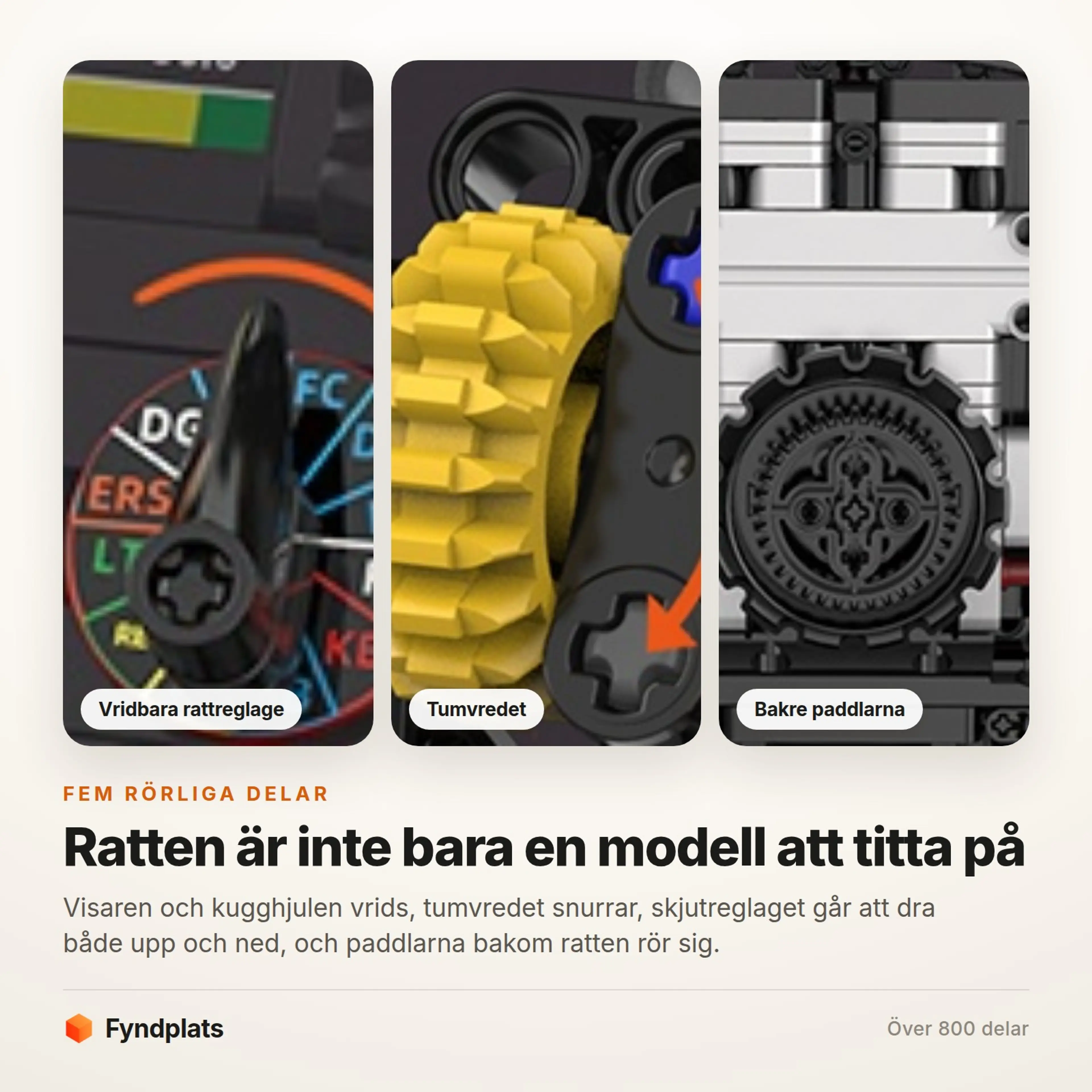 Fyndplats-kort: närbilder på vridbara rattreglage, tumvredet och de bakre växelpaddlarna