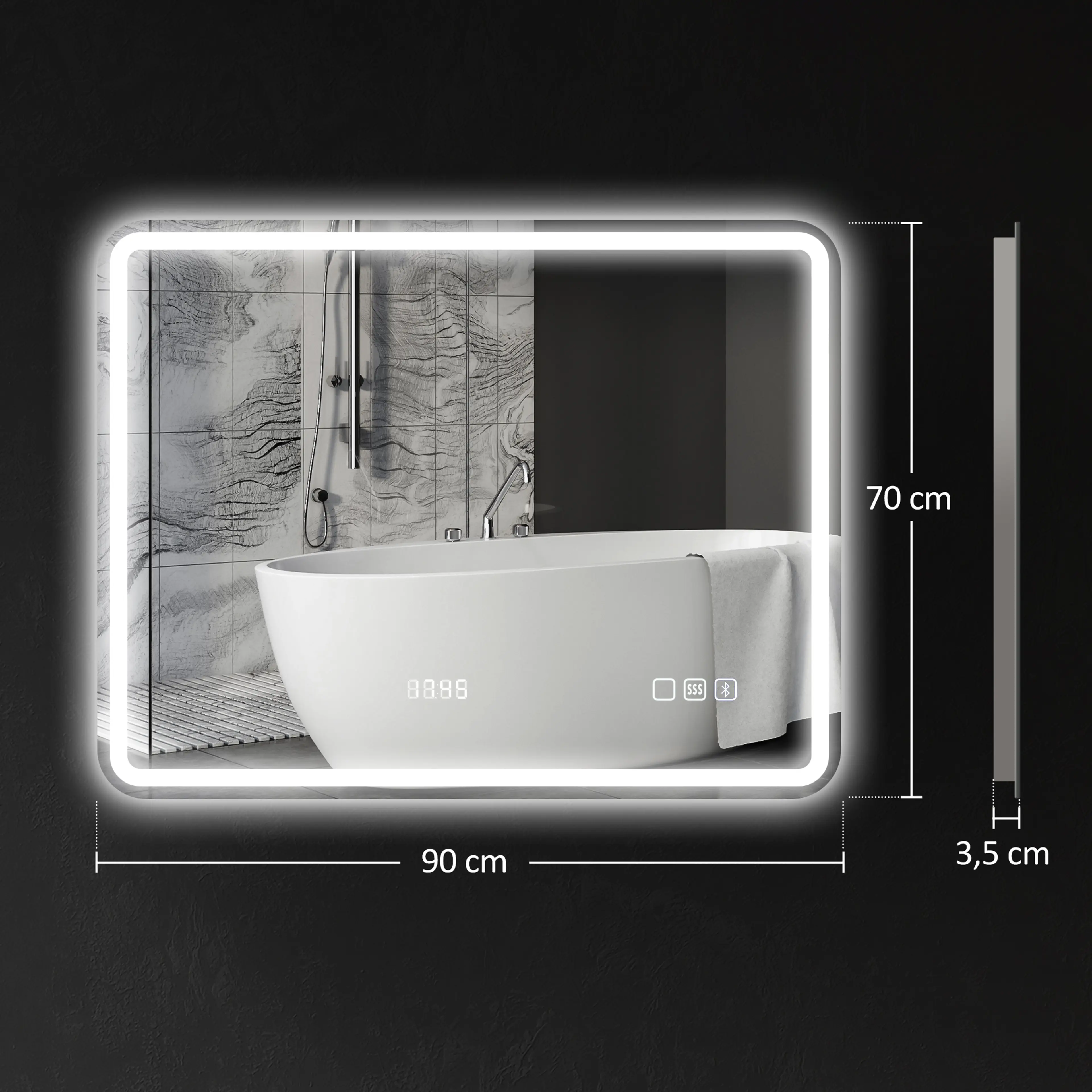 Badrumsspegel LED 90 × 70 cm med Bluetooth och klocka – bild 5