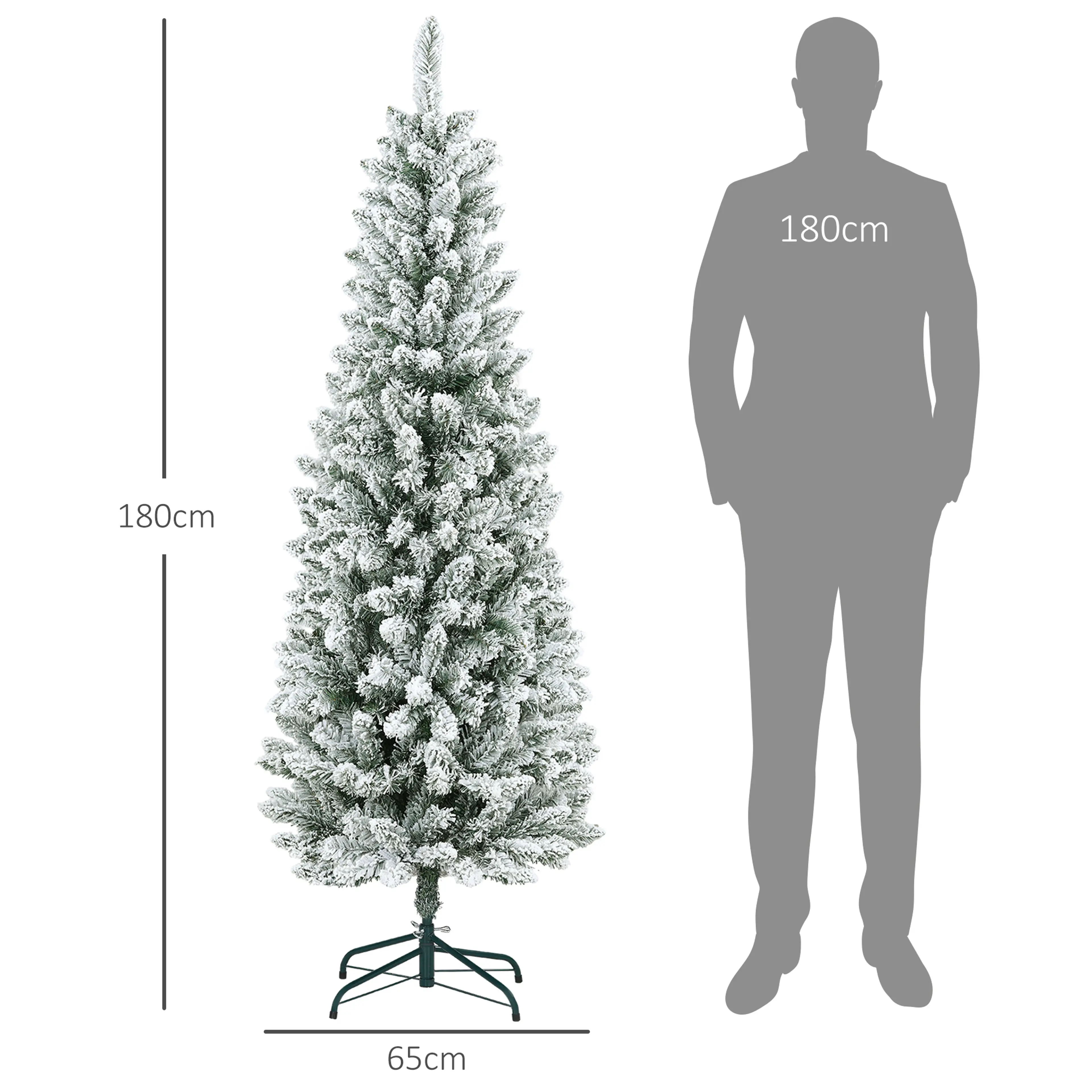 Måttbild: granen är 65 cm bred och står bredvid en mansfigur i samma höjd