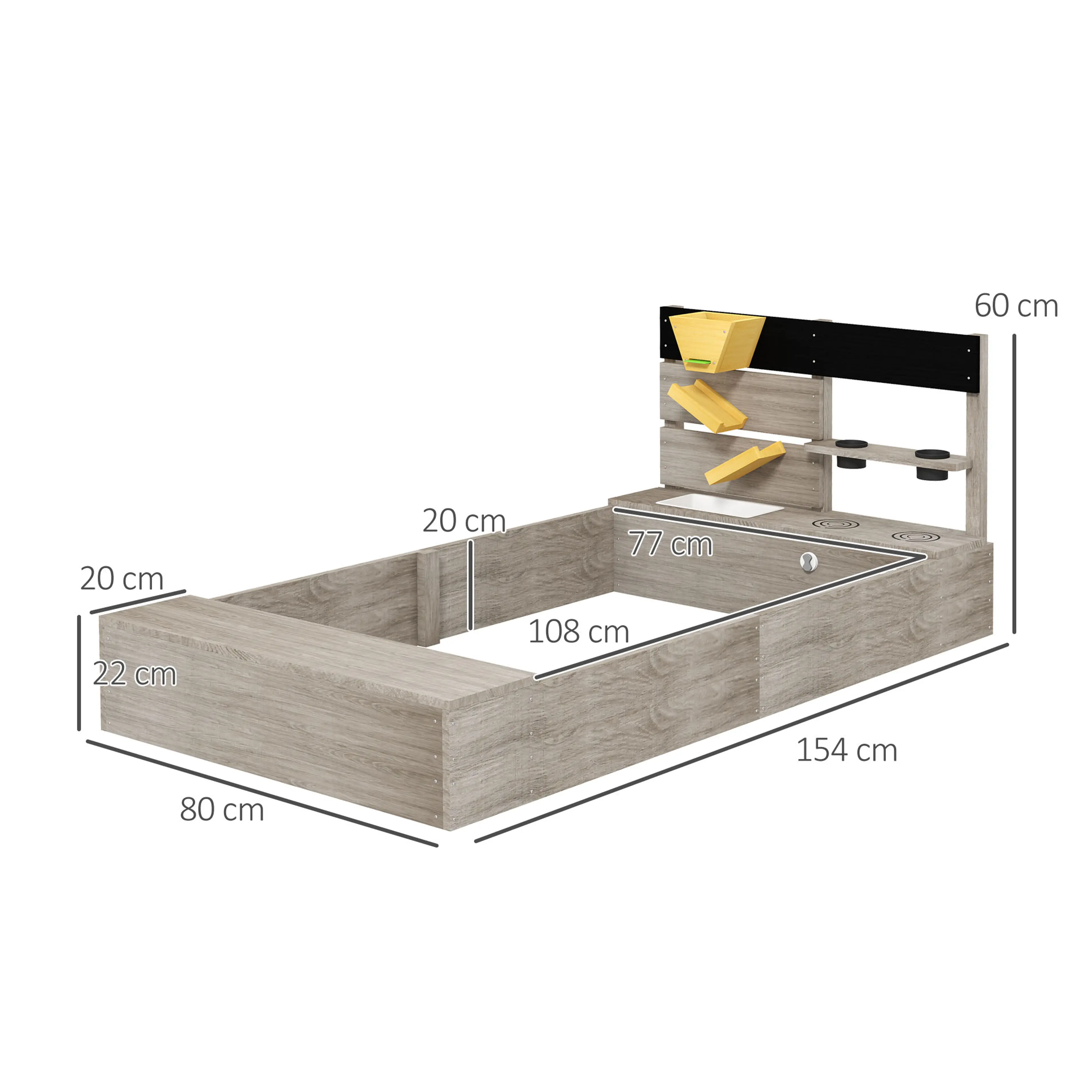 Måttritning med längd 154 cm, bredd 80 cm, höjd 60 cm och sandyta 108 × 77 cm