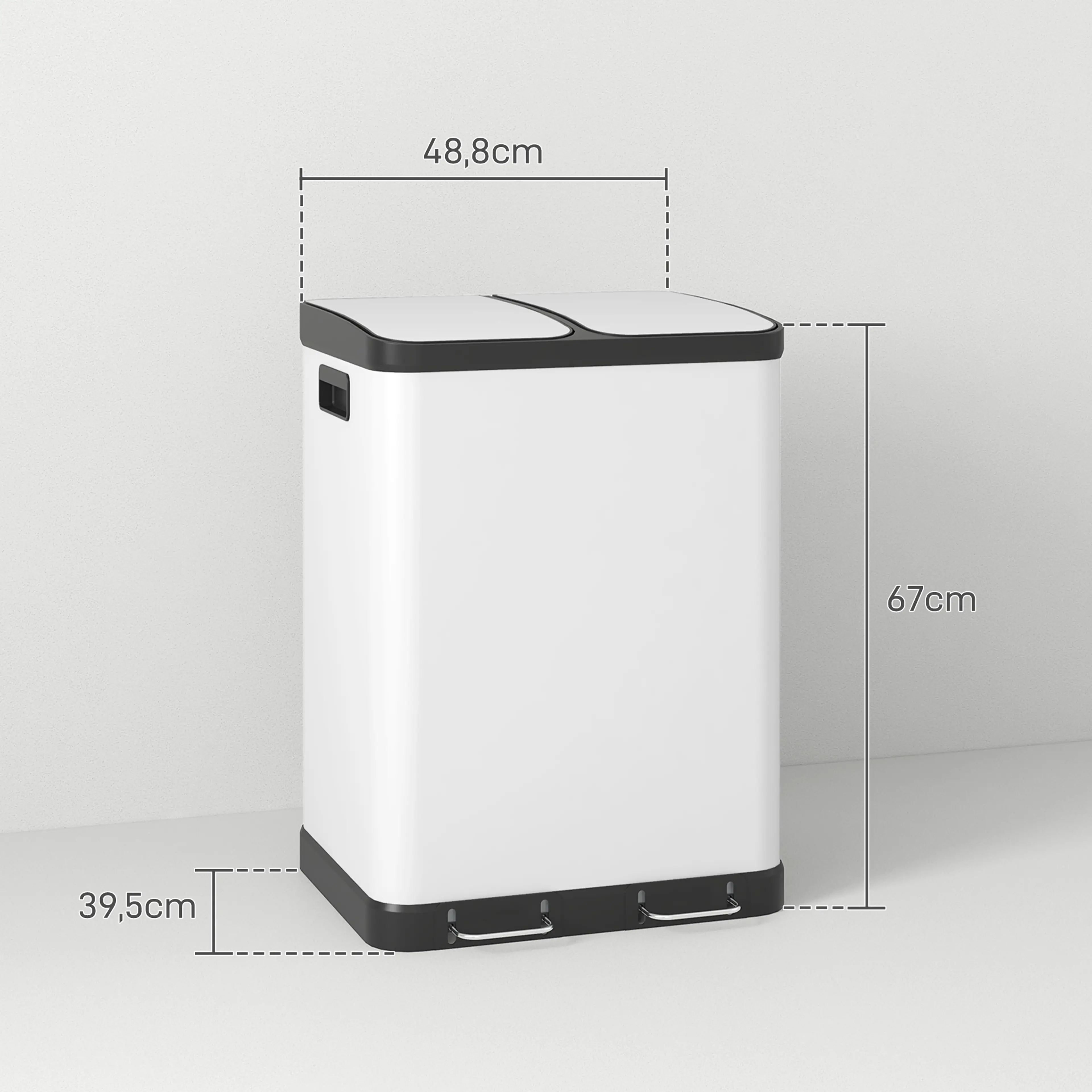 Måttritning: den vita soptunnan är 48,8 cm bred, 39,5 cm djup och 67 cm hög