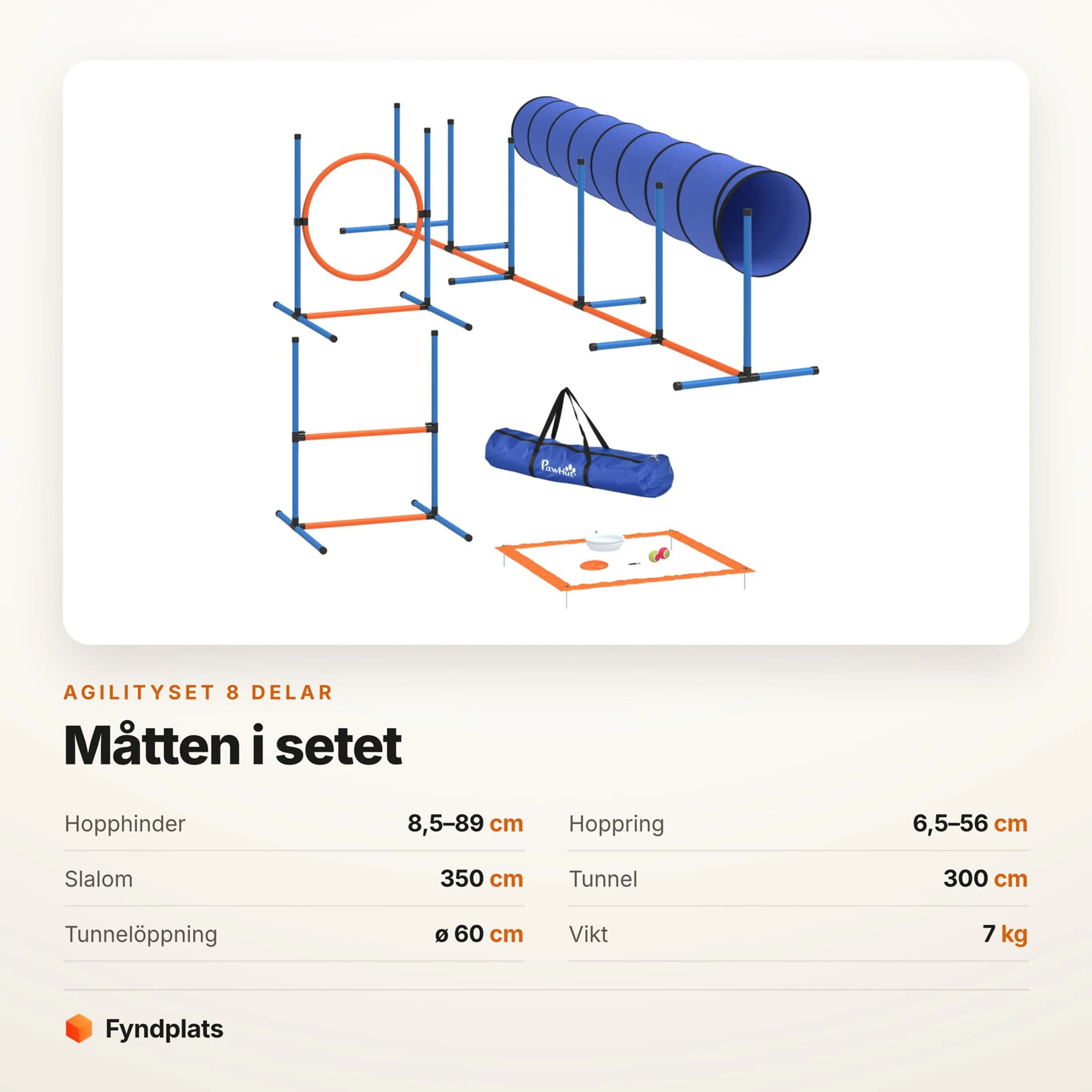 Spec-kort med agilitysetets mått: tunnel 300 cm, slalom 350 cm och hopphinder 8,5–89 cm