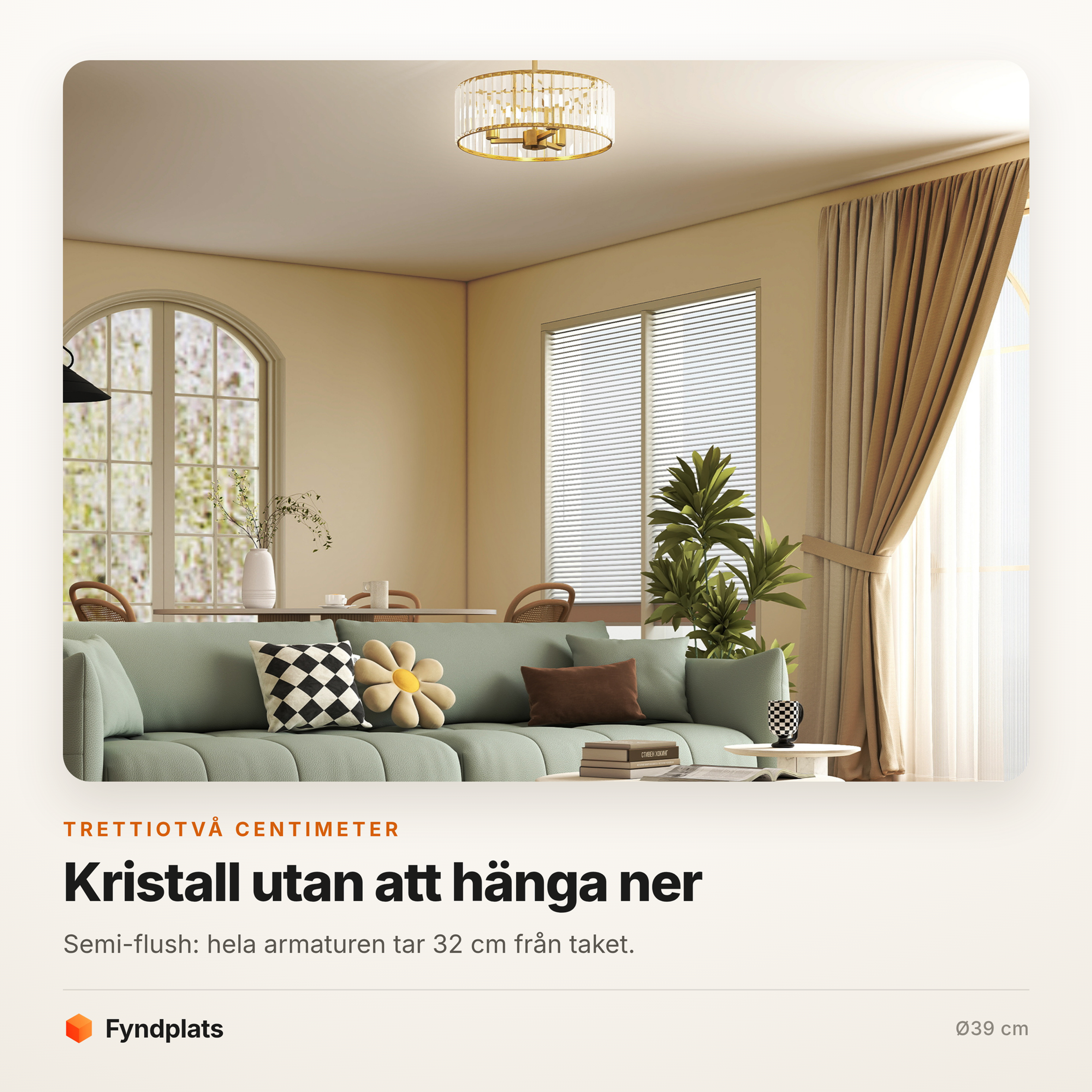 Taklampa i kristall Ø39 cm – semi-flush i guldton, 32 cm bygghöjd – bild 2