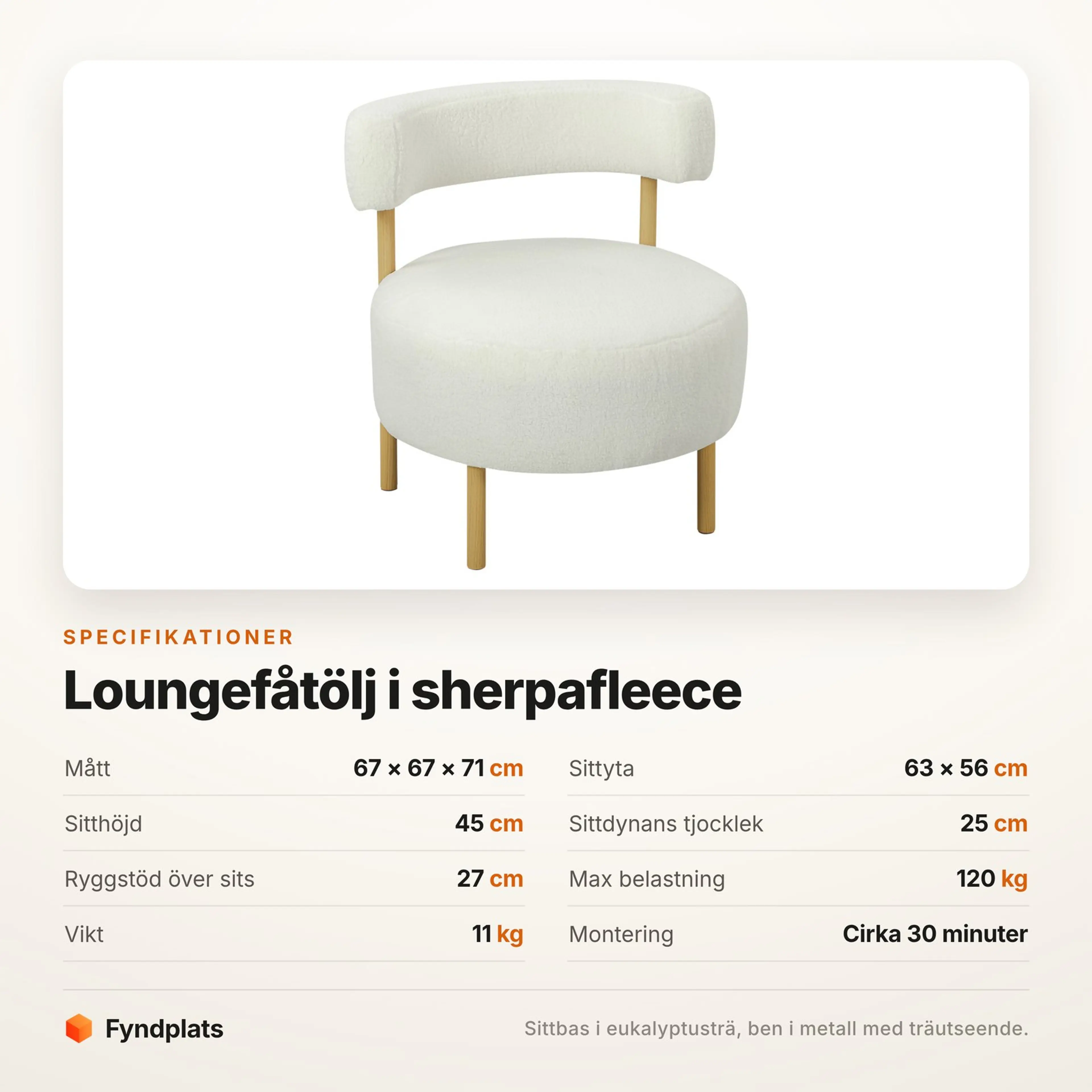 Fyndplats specifikationskort med fåtöljens mått, sitthöjd och maxlast