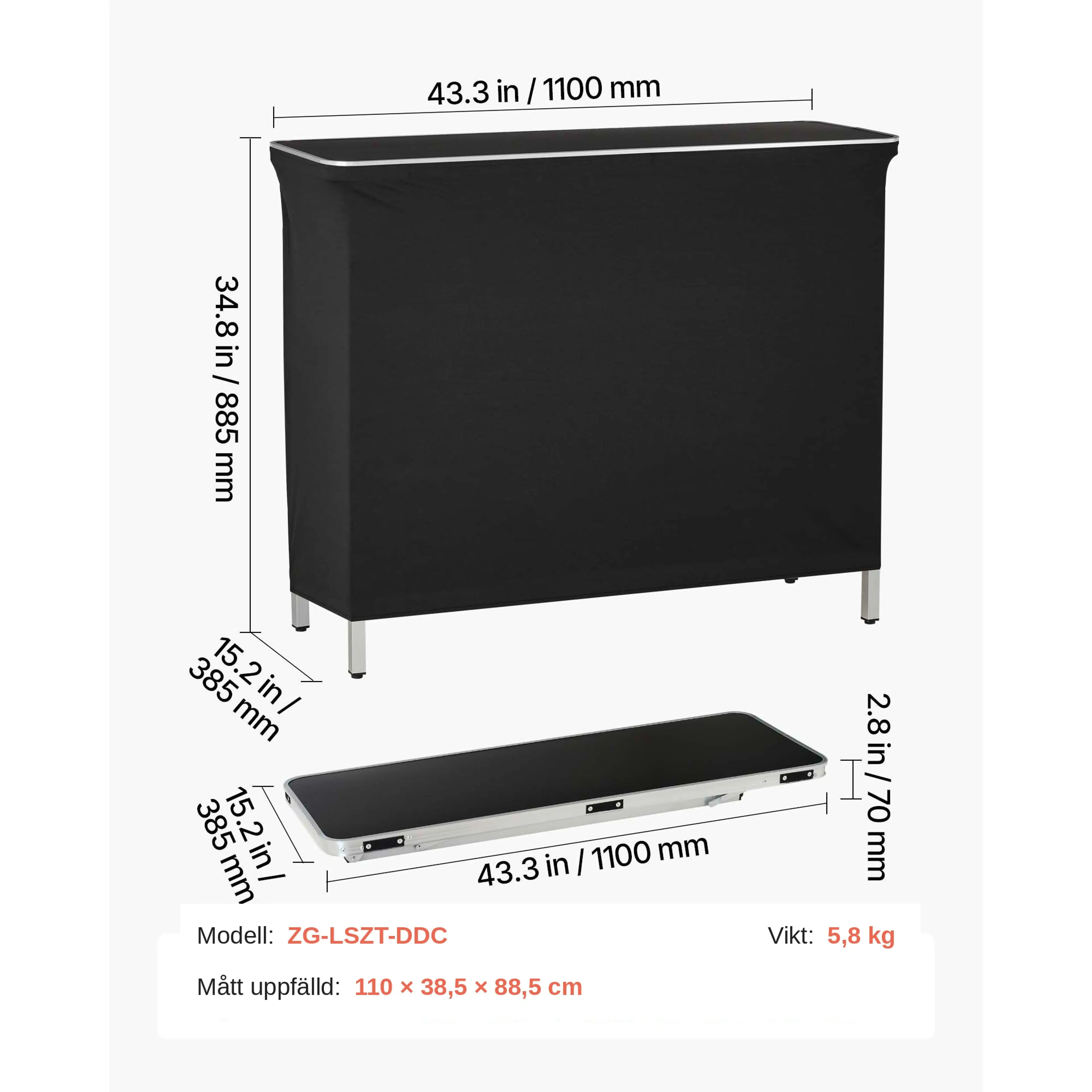 Måttskiss hopfällbar bardisk 110 cm utförande A – 110 × 38,5 × 88,5 cm, vikt 5,8 kg