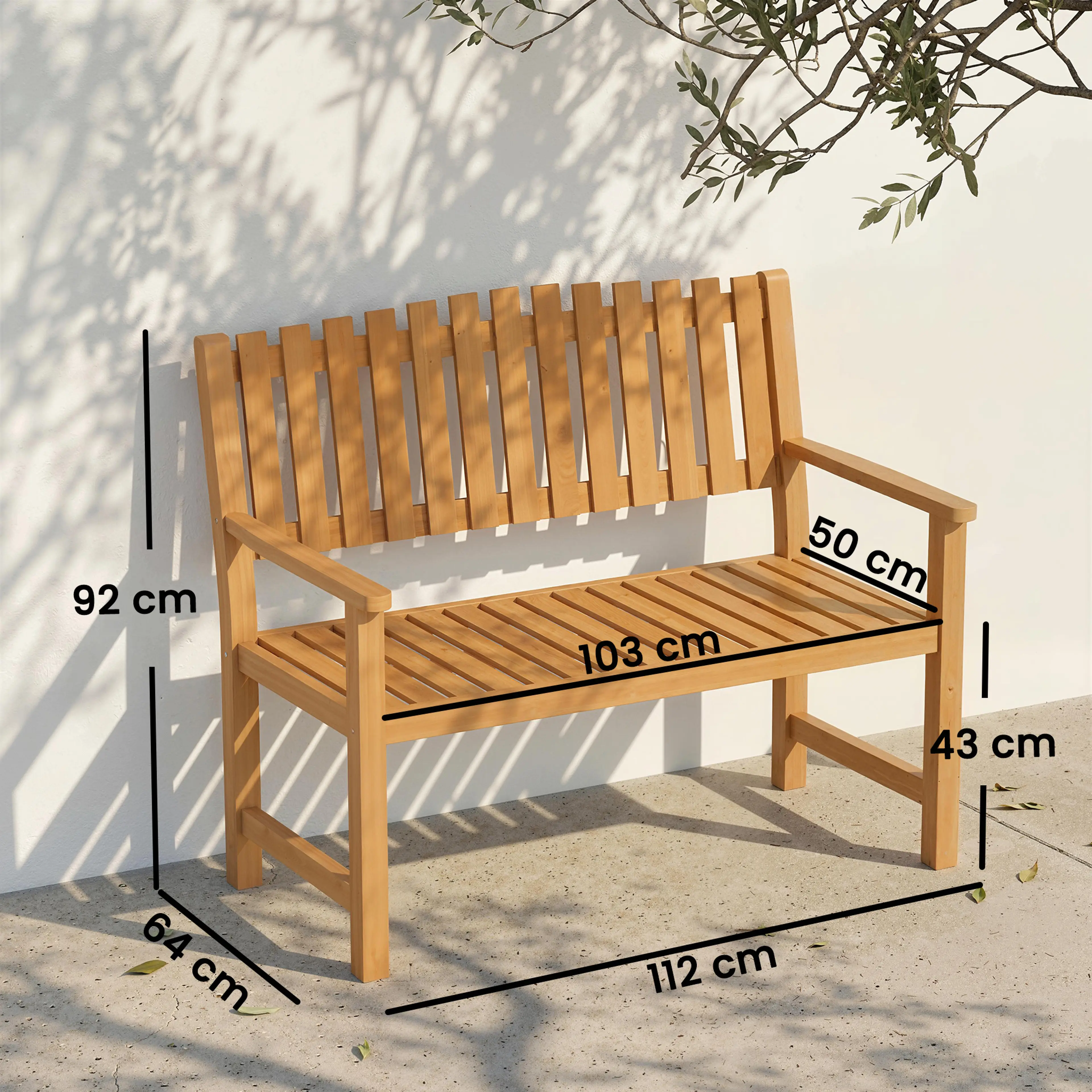 Måttskiss: 112 cm bred, 64 cm djup, 92 cm hög, sittyta 103 × 50 cm och sitthöjd 43 cm