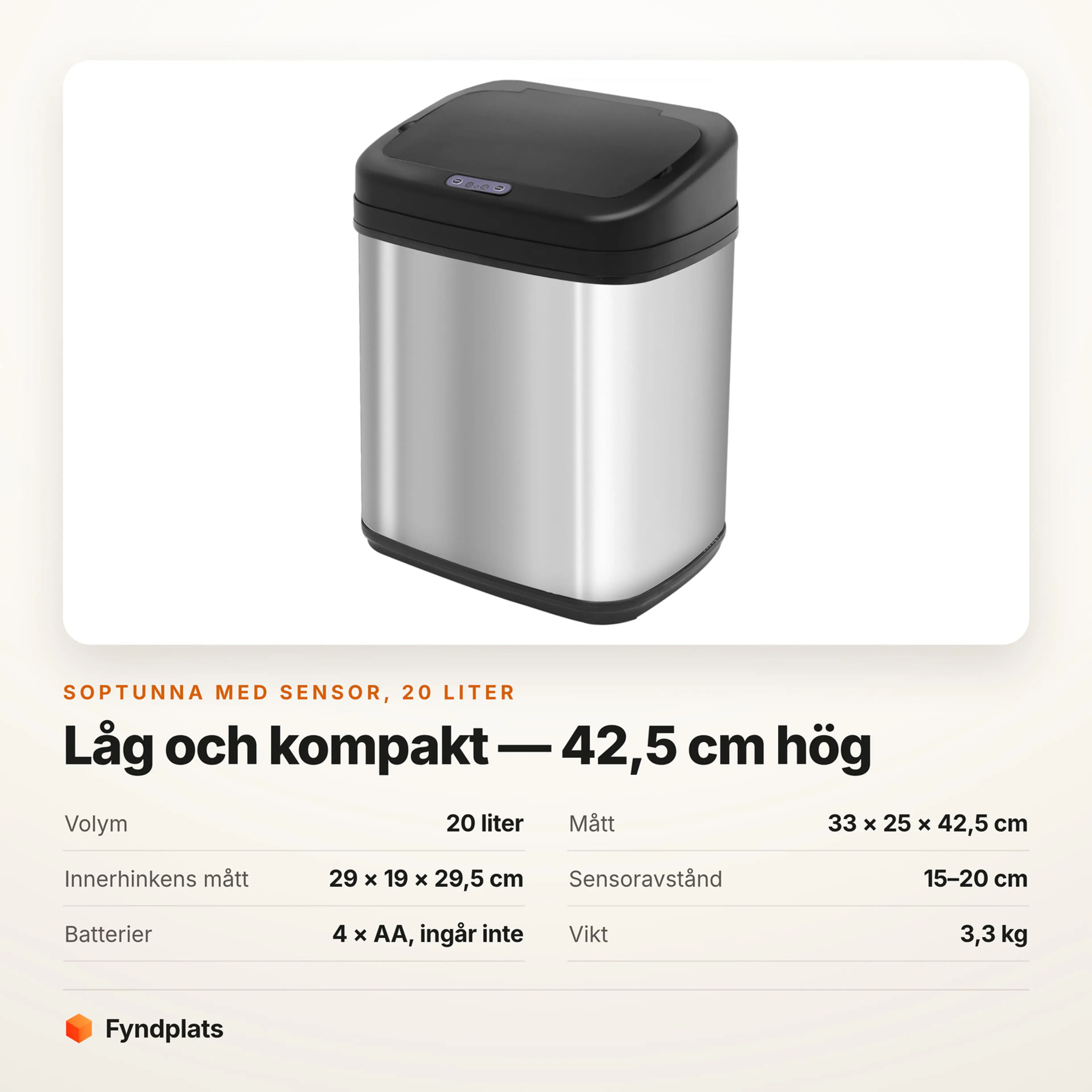 Faktakort: soptunna med sensor 20 liter, mått, innerhink och batterier