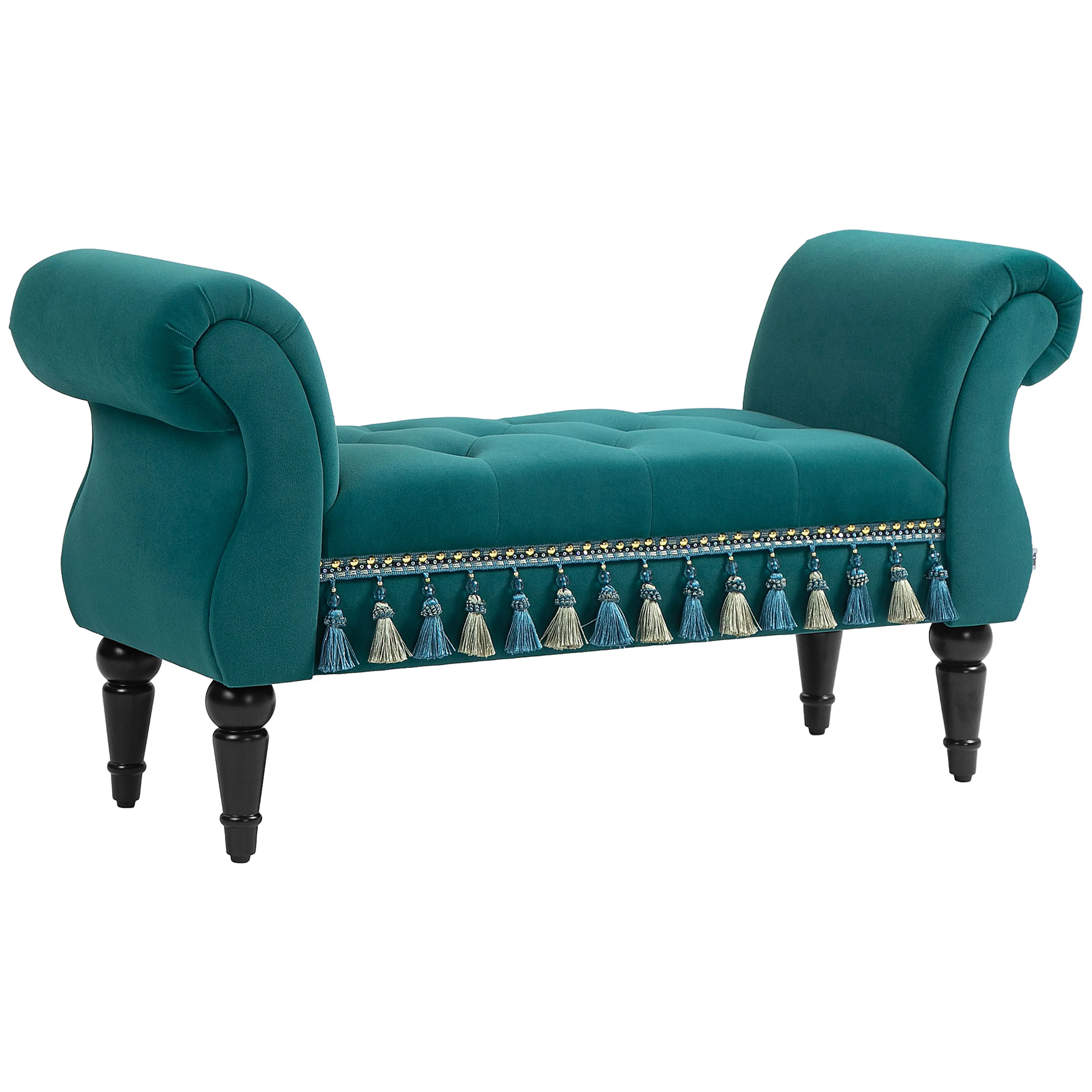 Sittbänk i vintagestil 117 cm – blågrön sammet, tofsbård och rullade armstöd