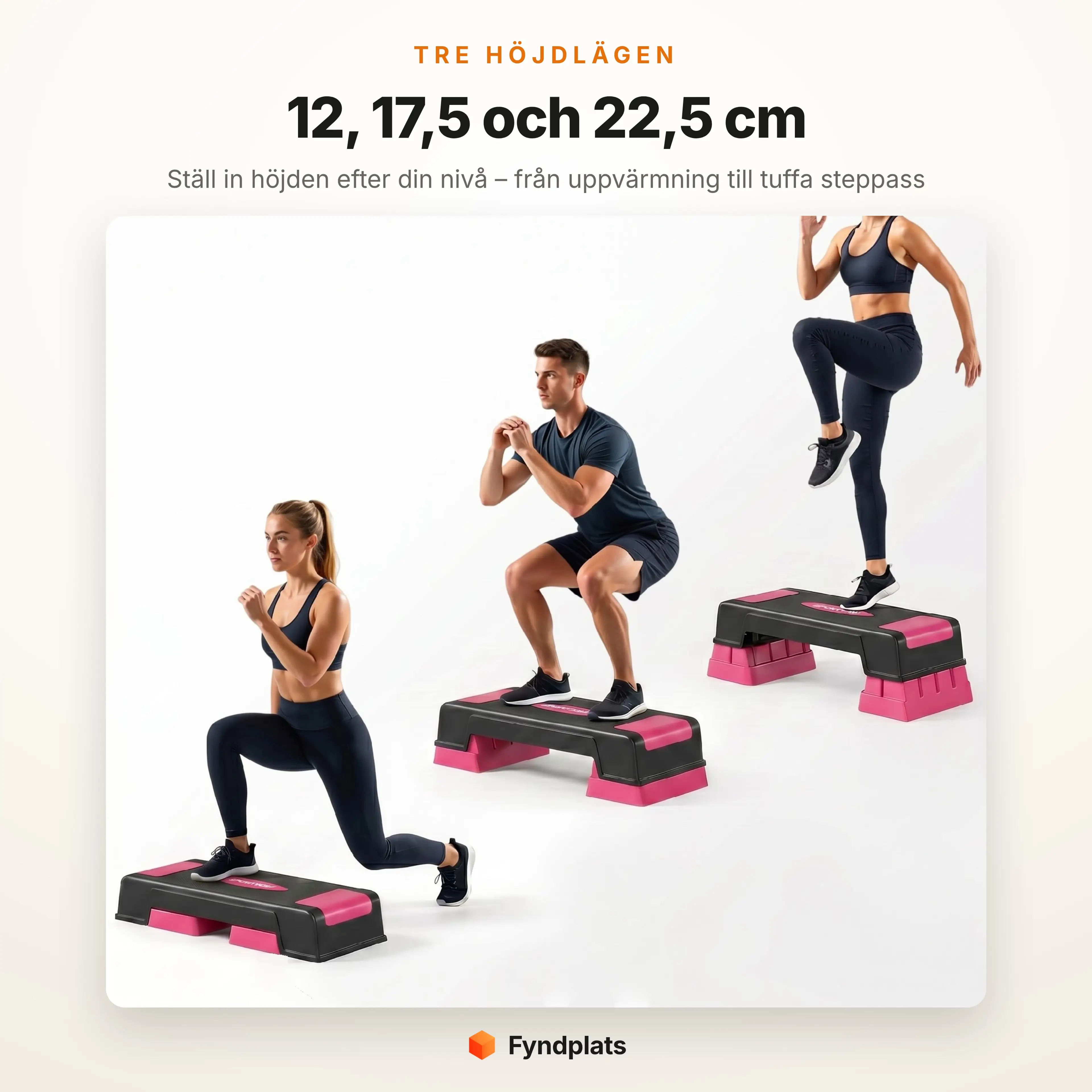 Stepbrädans tre höjdlägen – 12, 17,5 och 22,5 cm för olika träningsnivåer