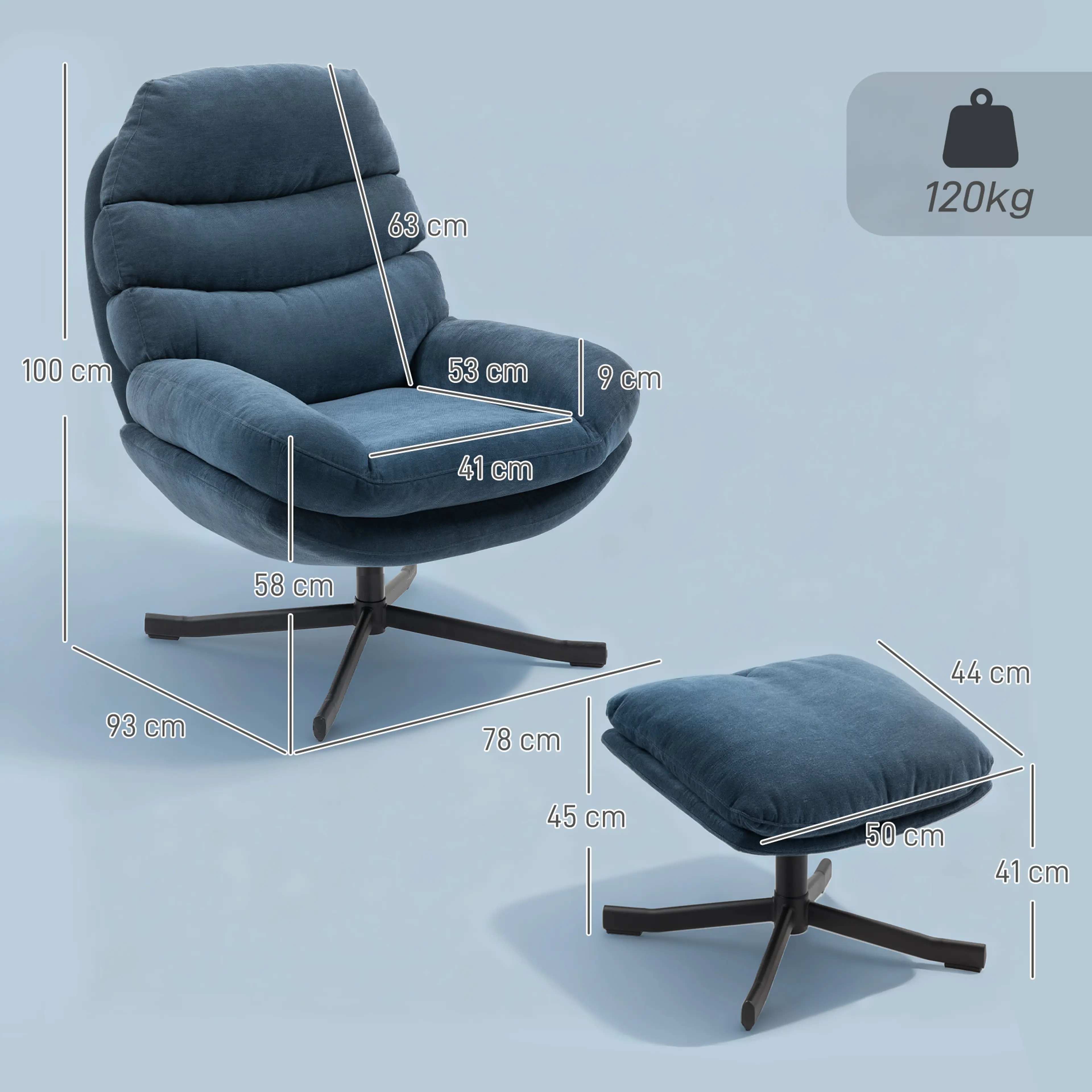Loungefåtölj med fotpall i chenille, 360° snurrfot – blå – bild 6