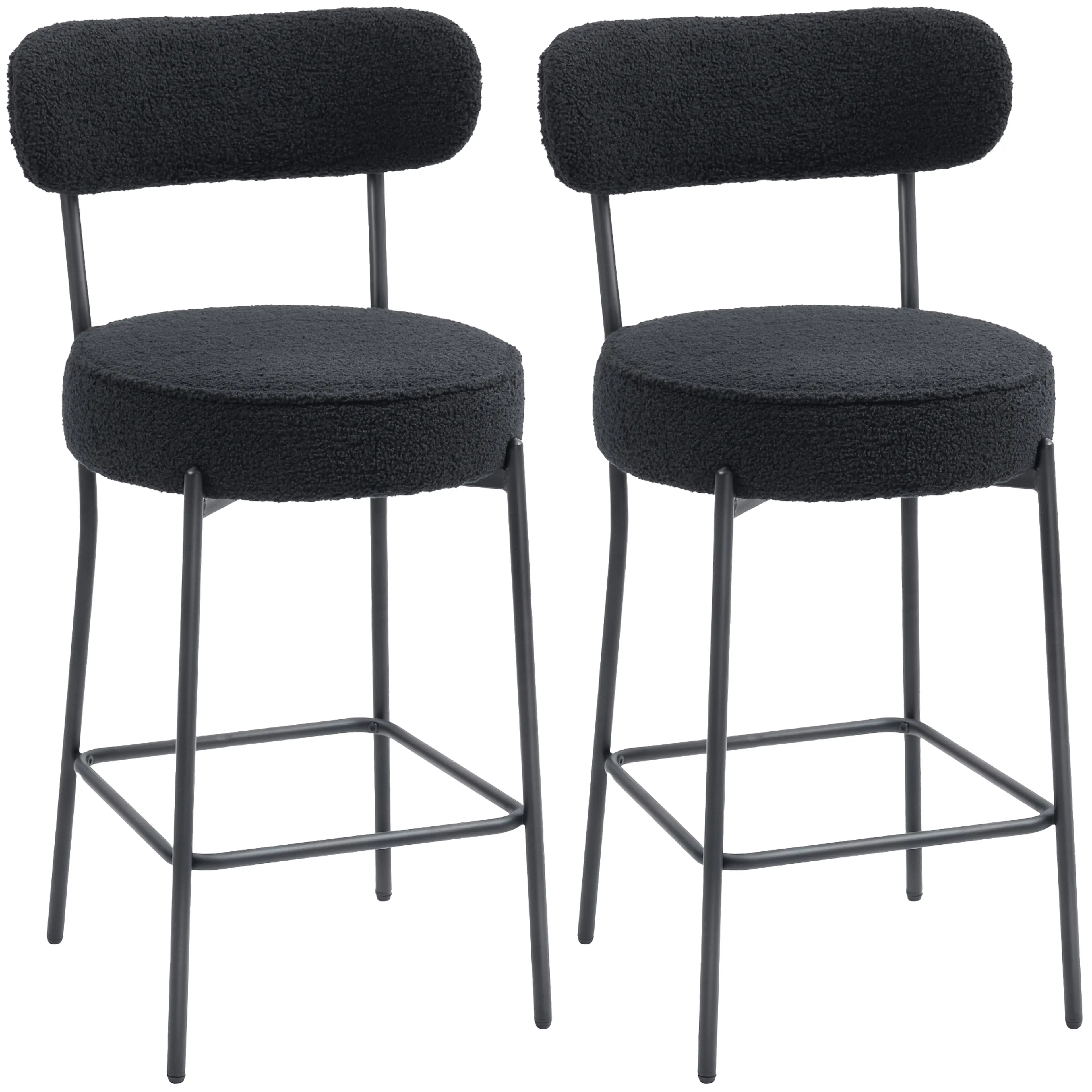 Två barstolar i svart fleece med rund sits och låg svängd rygg, sedda framifrån mot vit bakgrund