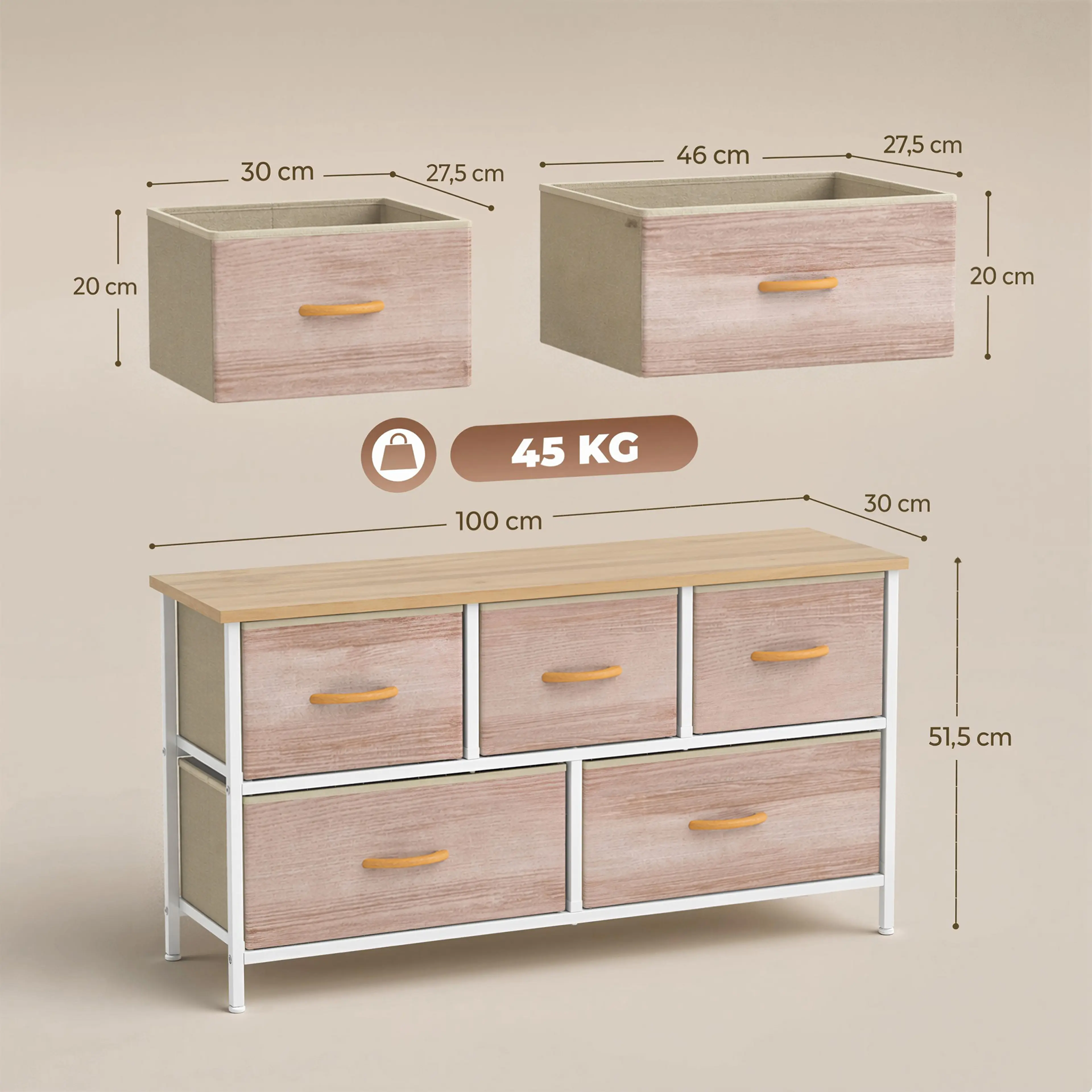 Måttritning: 100 × 30 × 51,5 cm, liten låda 30 cm och bred låda 46 cm