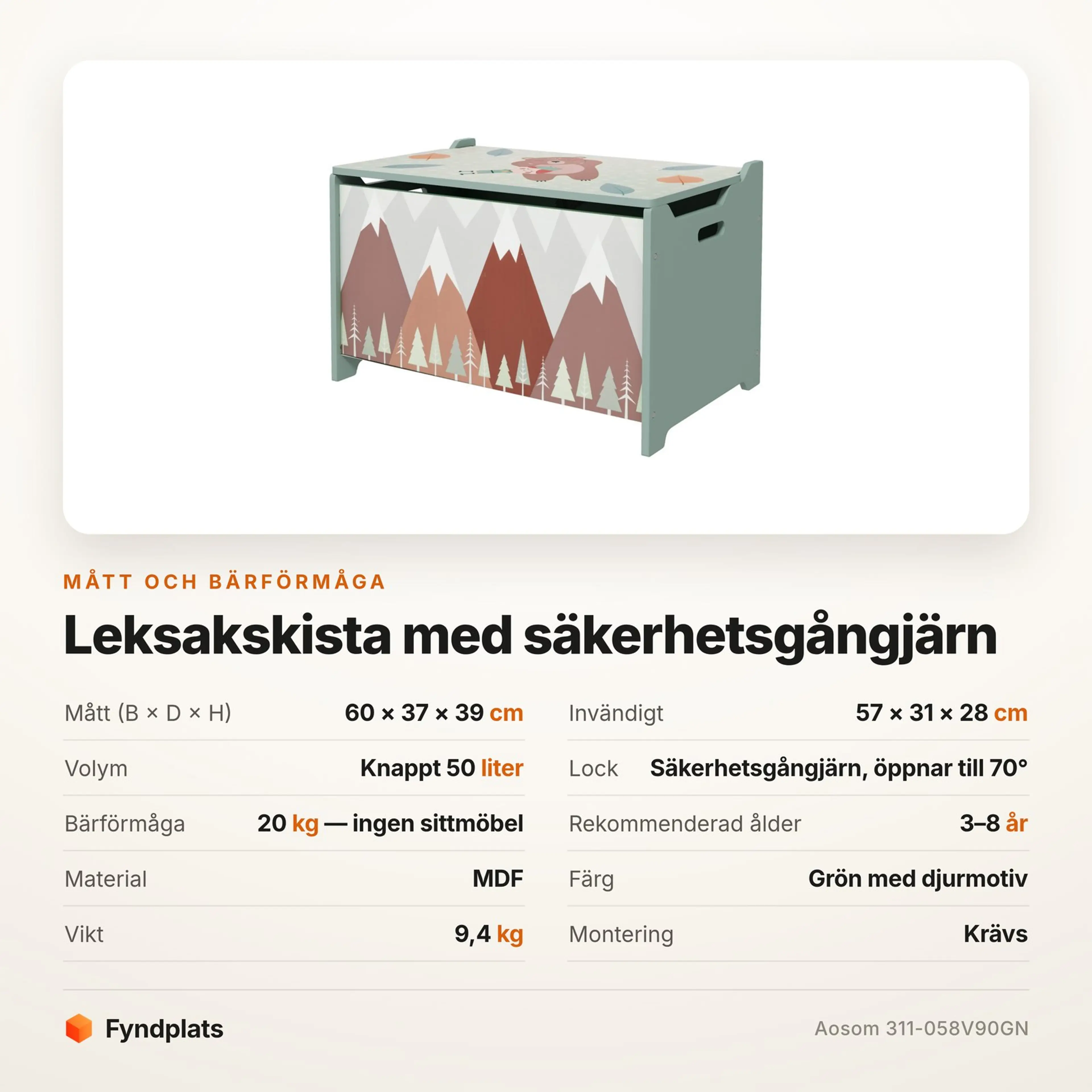 Fyndplats specifikationskort för leksakskistan med mått och bärförmåga