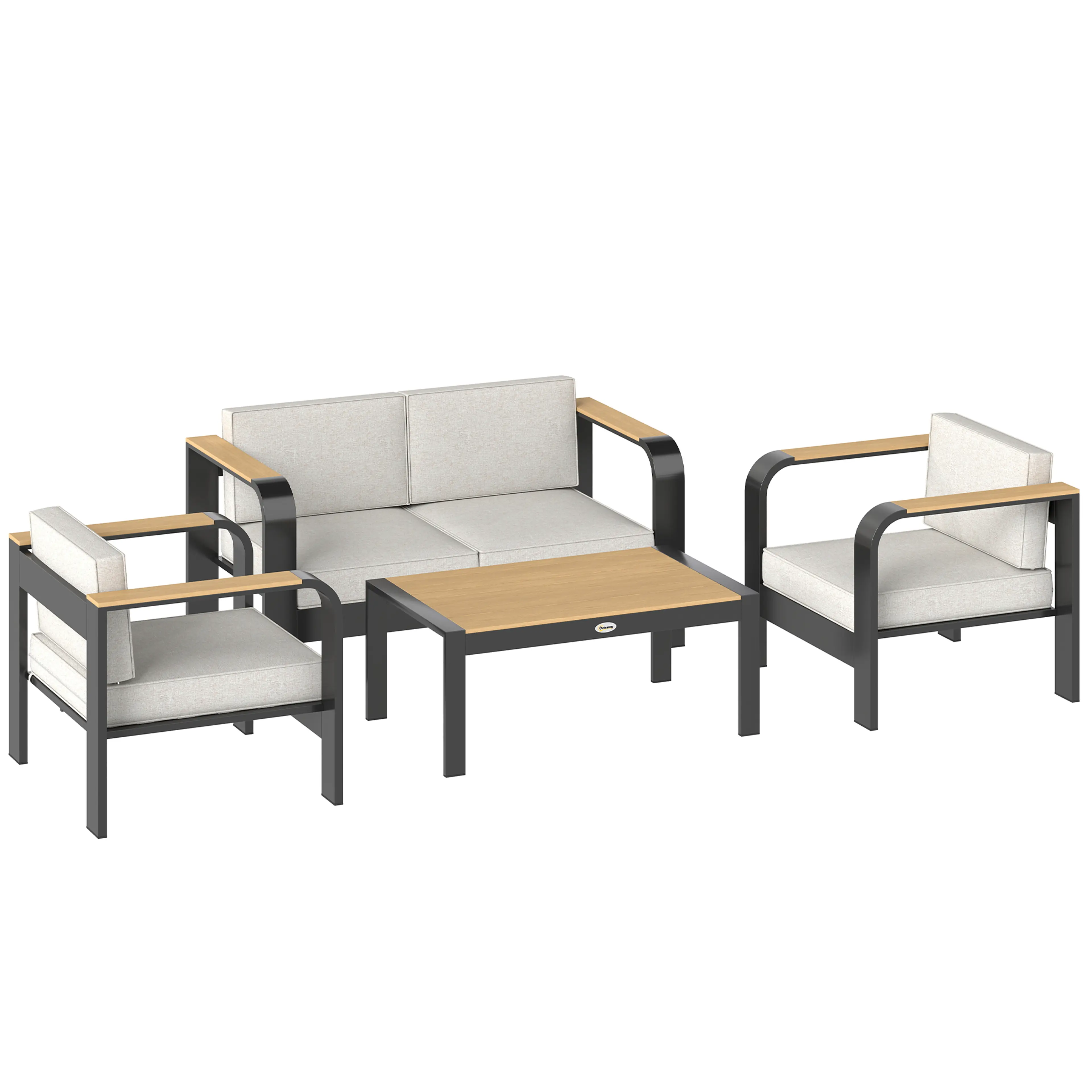 Loungeset med djupa sitsar – 2-sitssoffa, två fåtöljer och bord i aluminium