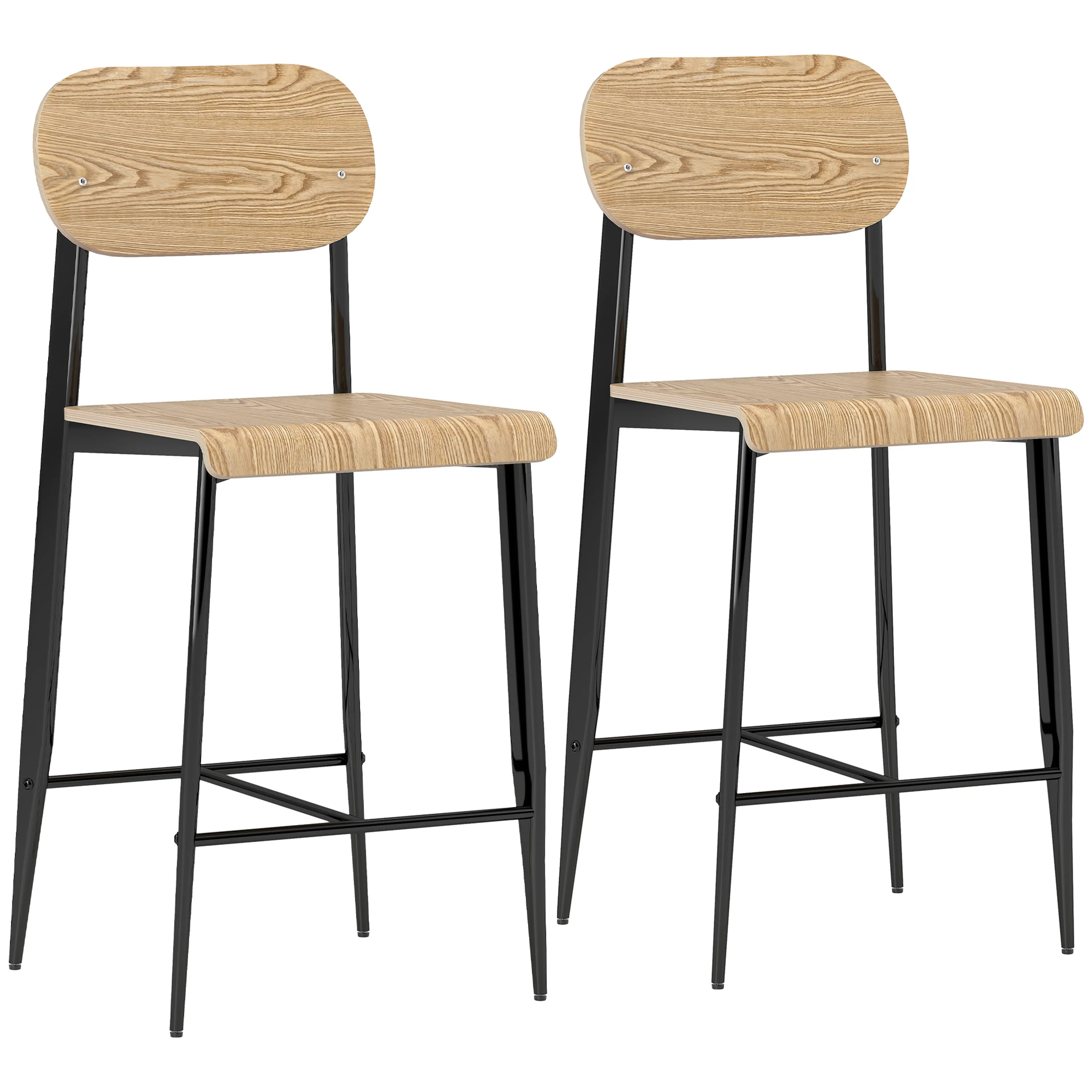 Två armlösa barstolar med sits och rygg i ljust trä på svarta stålben, sedda framifrån mot vit bakgrund