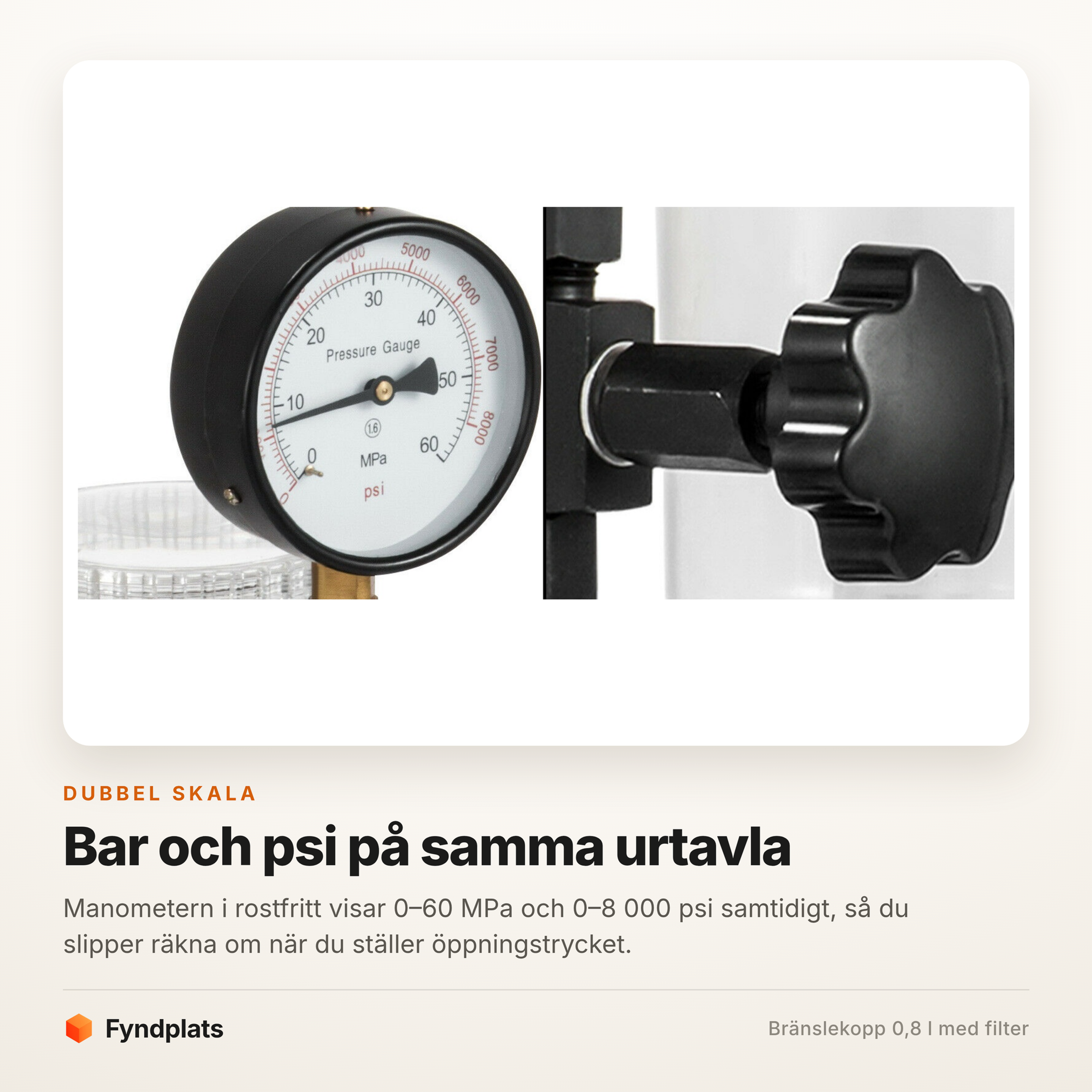 Manometerns dubbla skala i MPa och psi – läs av öppningstrycket på båda enheterna
