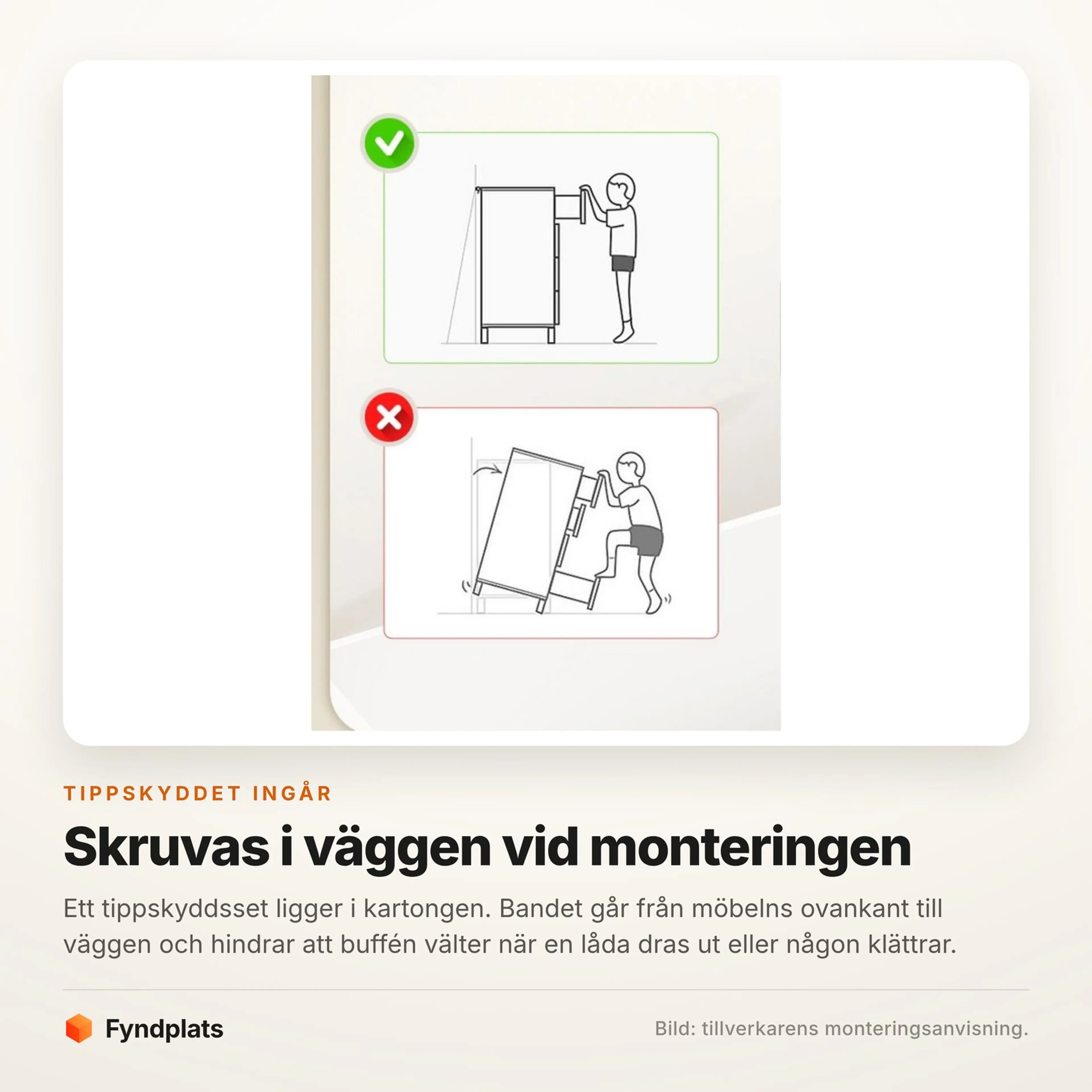 Fotokort som visar tippskyddet skruvat mellan möbeln och väggen