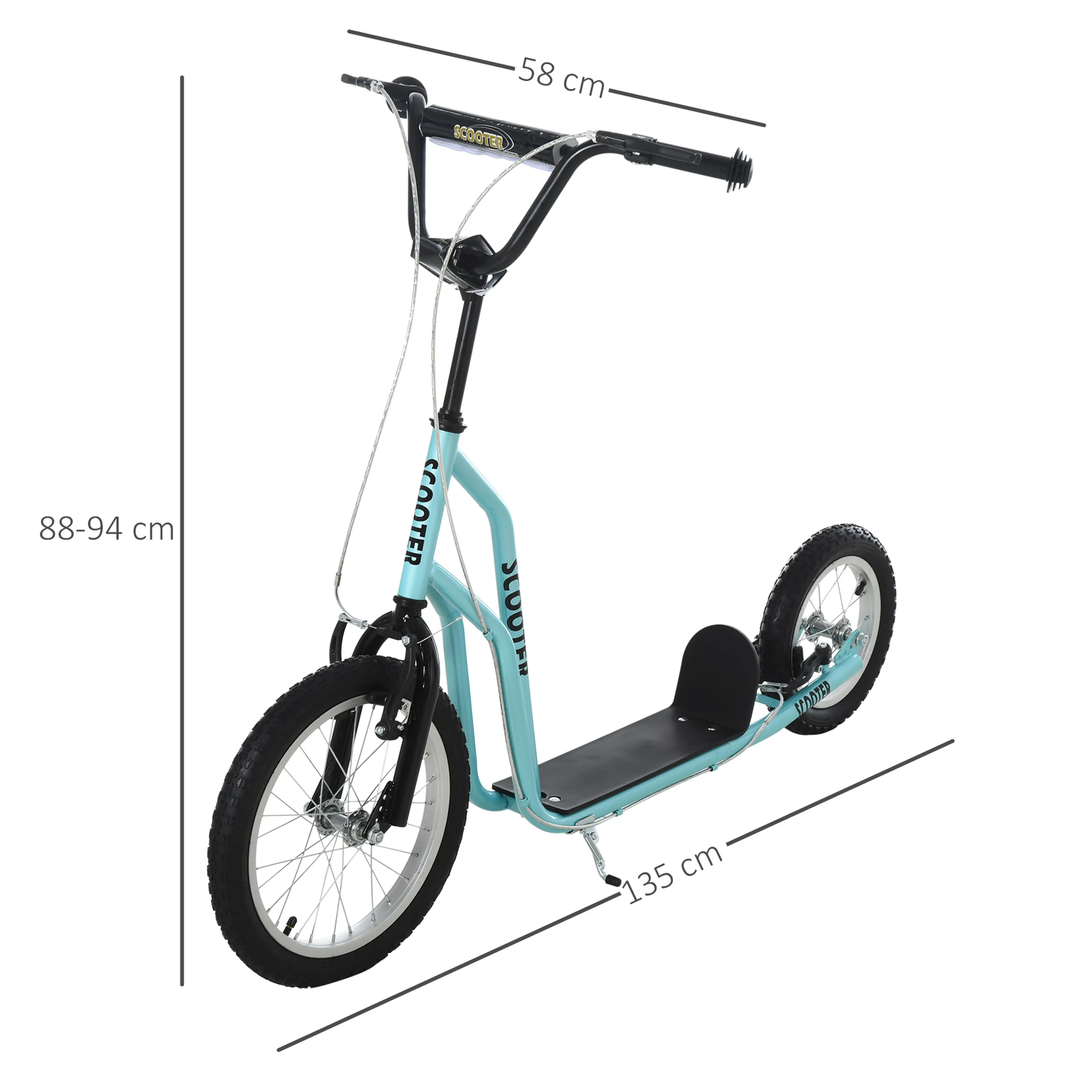 Måttritning för turkos sparkcykel: 135 × 58 cm och styre 88–94 cm