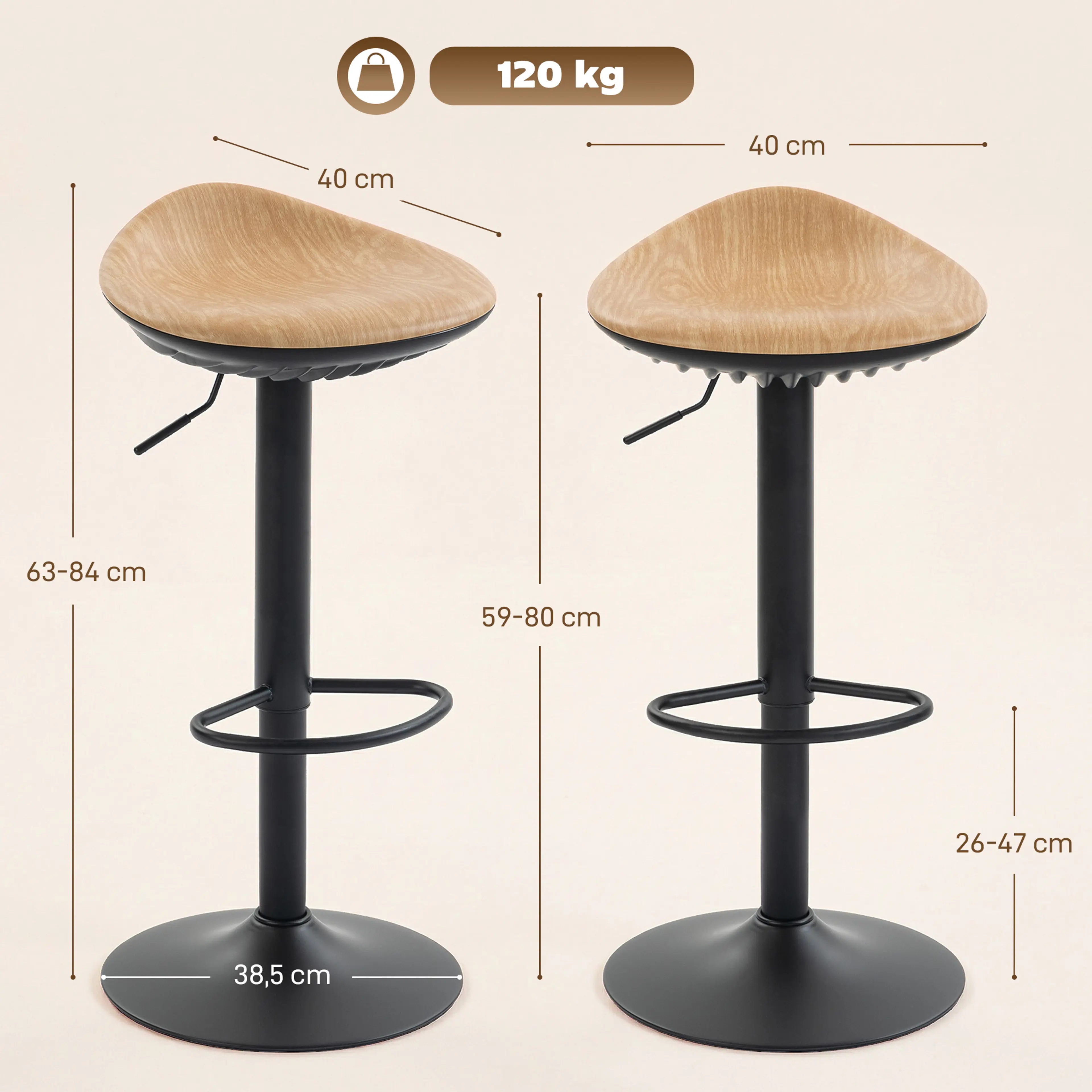 Måttbild: sitthöjd 59–80 cm, sits 40 × 40 cm och fotstöd på 26–47 cm