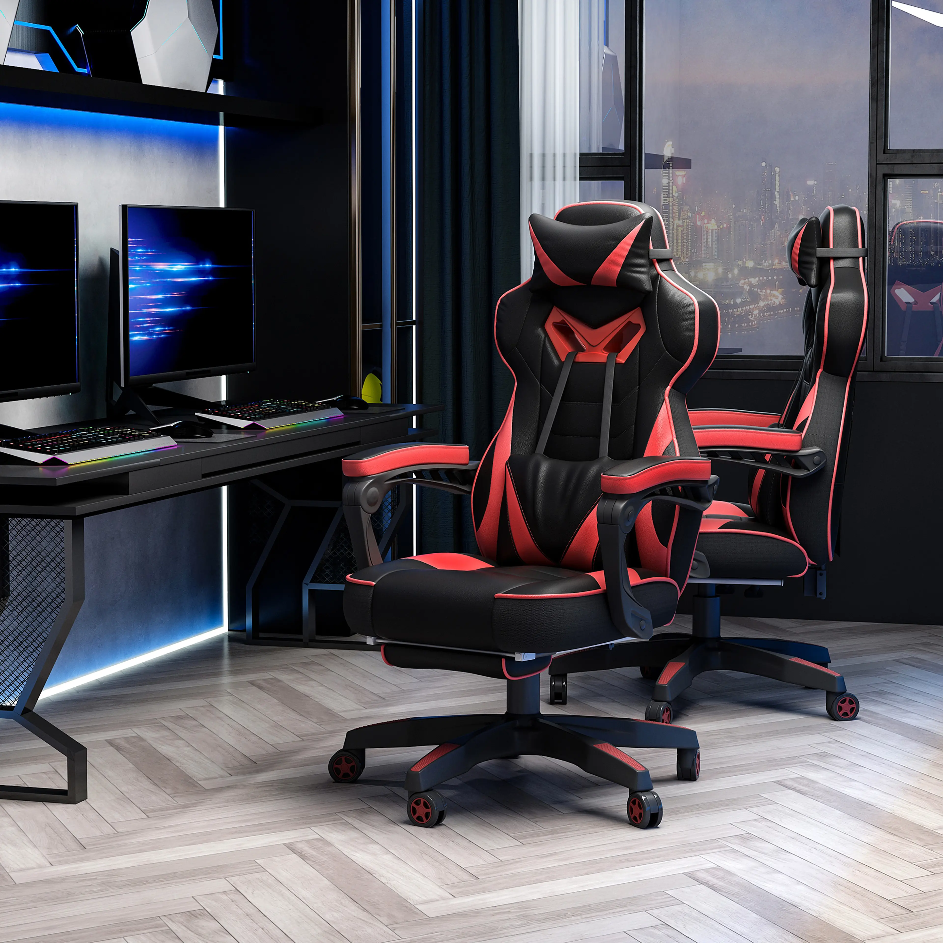 Stolen i ett mörkt gamingrum med fönster mot en upplyst stad