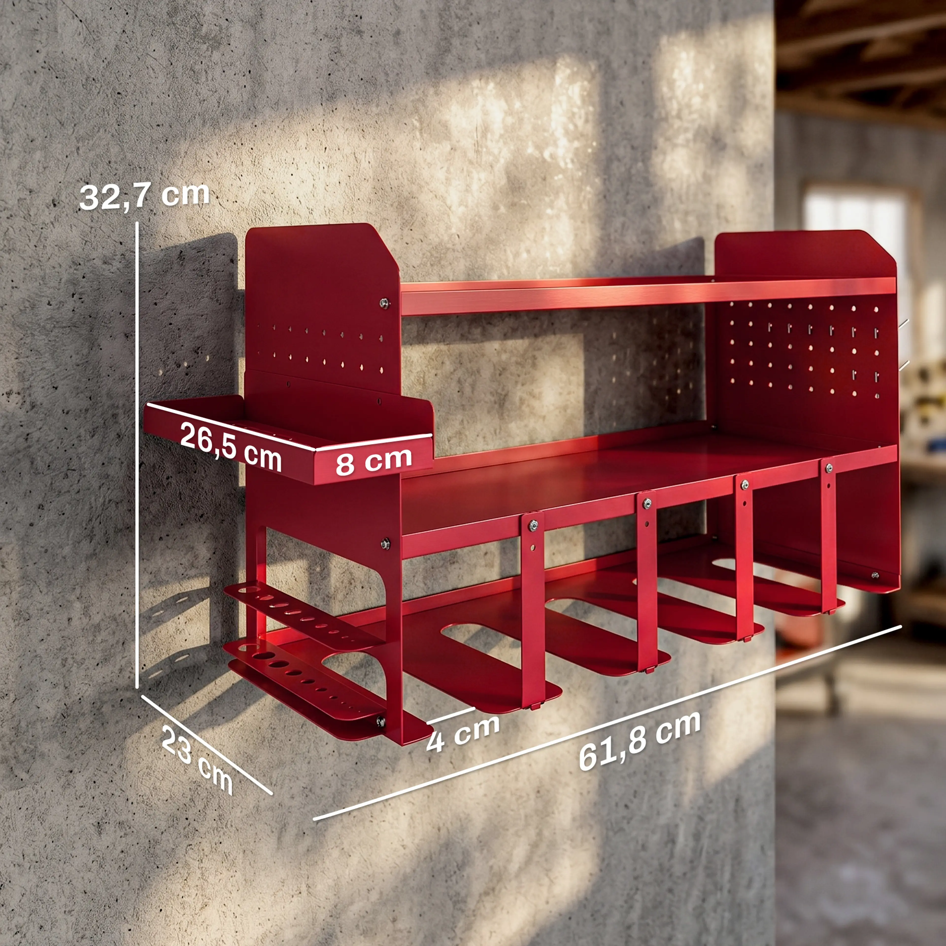 Måttskiss: 61,8 cm brett, 23 cm djupt, 32,7 cm högt och sidobricka 26,5 × 8 cm