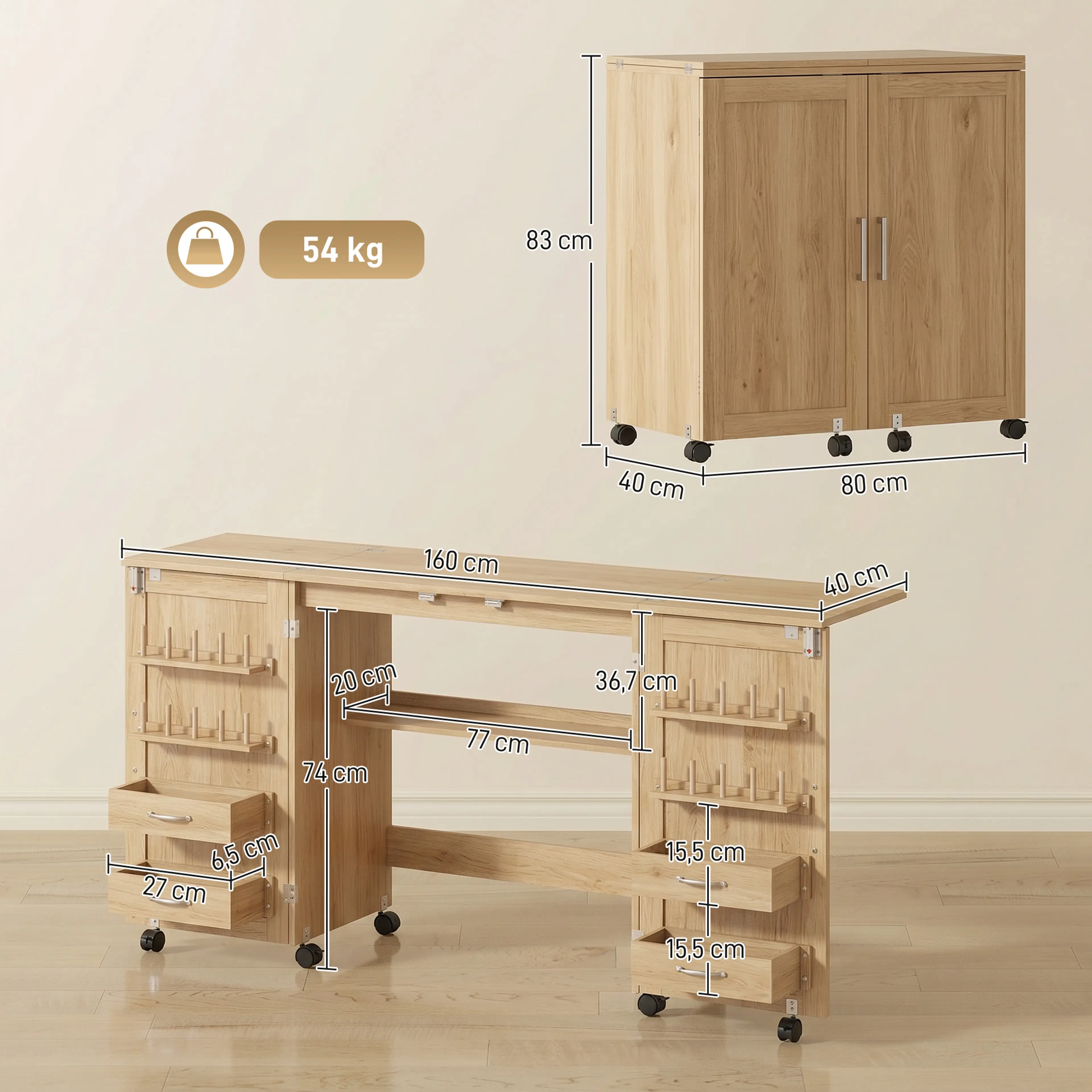 Måttskiss för symaskinsbordet: 160 cm utfällt och 80 × 40 × 83 cm hopfällt