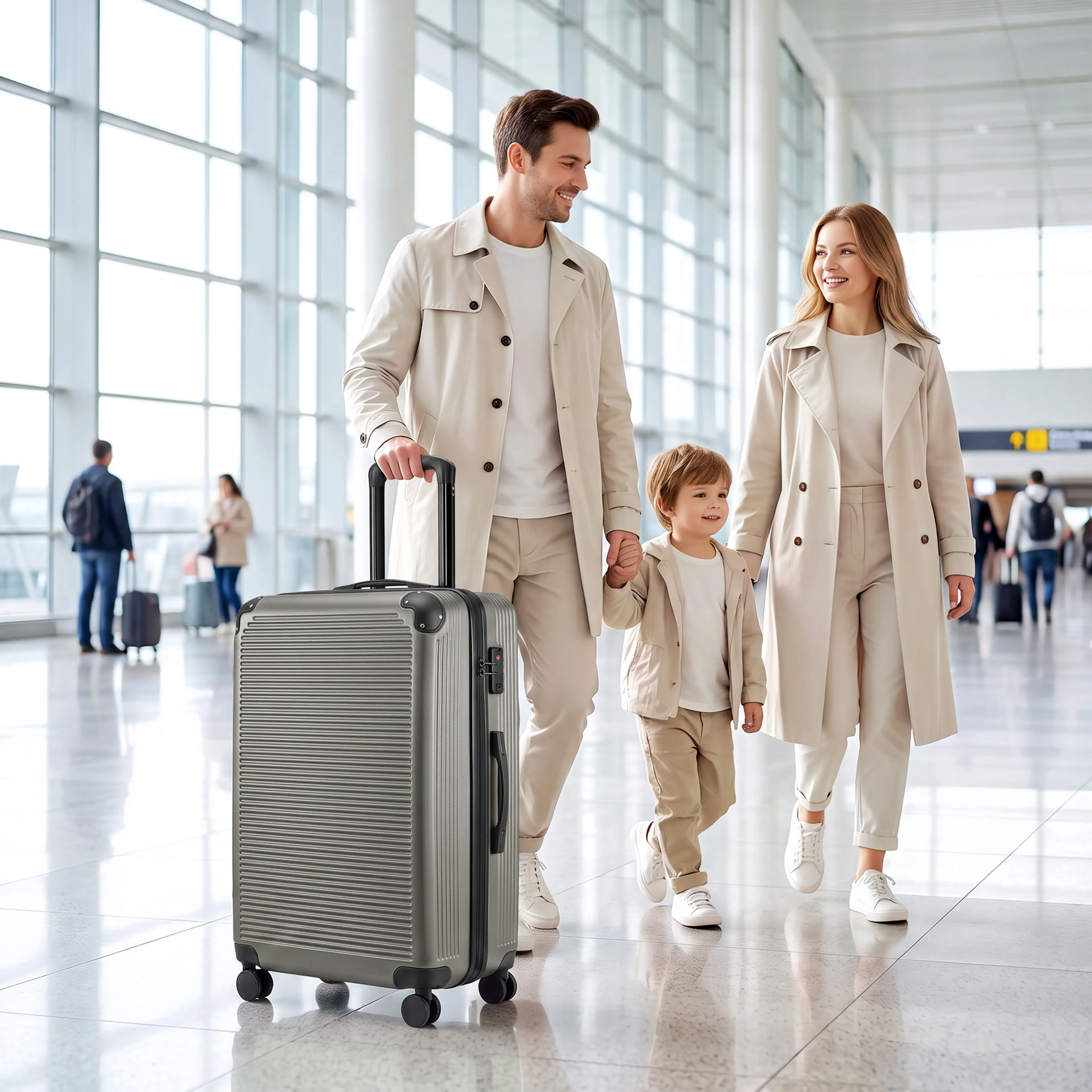 Familj som går genom en flygplatsterminal med resväskan