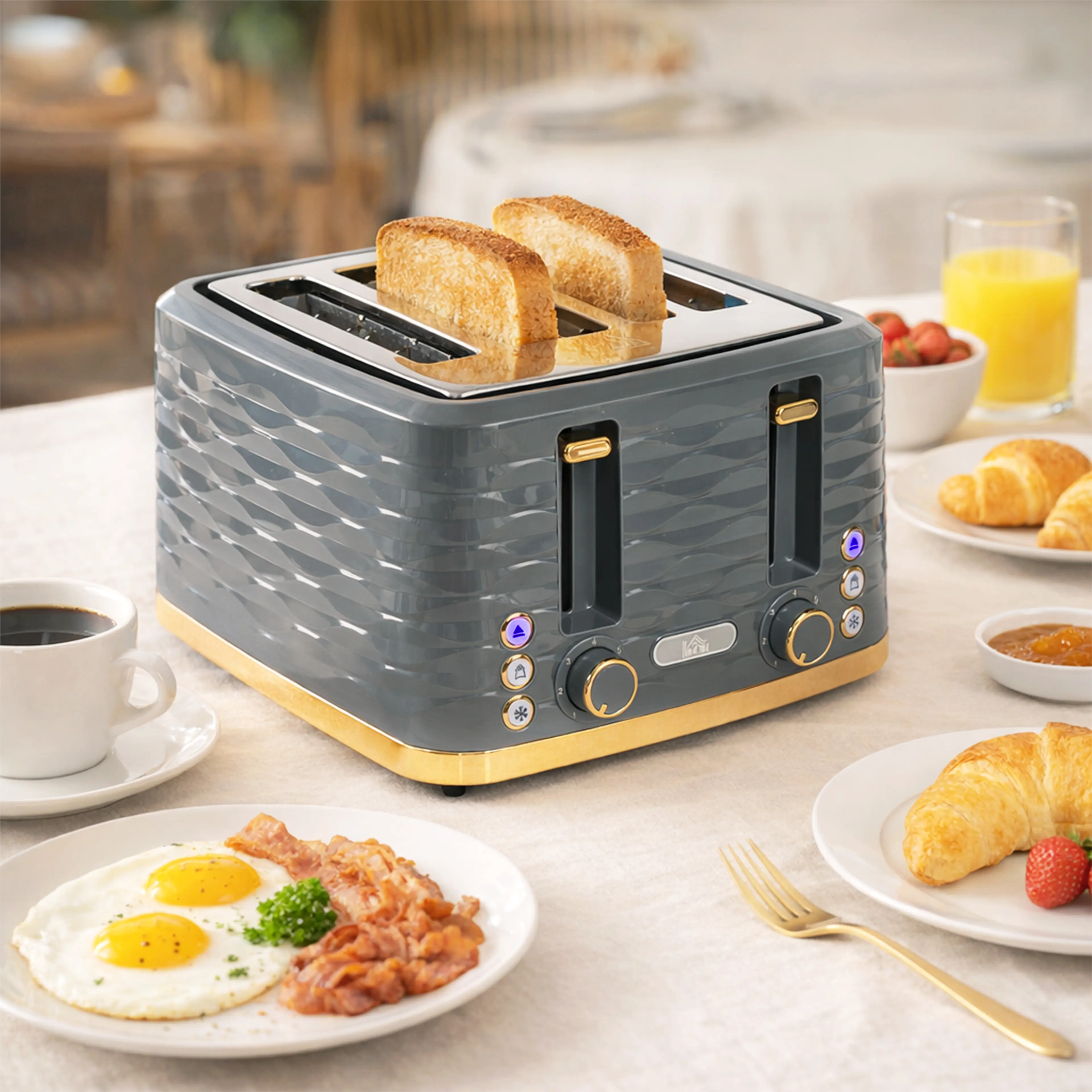 Brödrosten på ett frukostbord med två rostade skivor